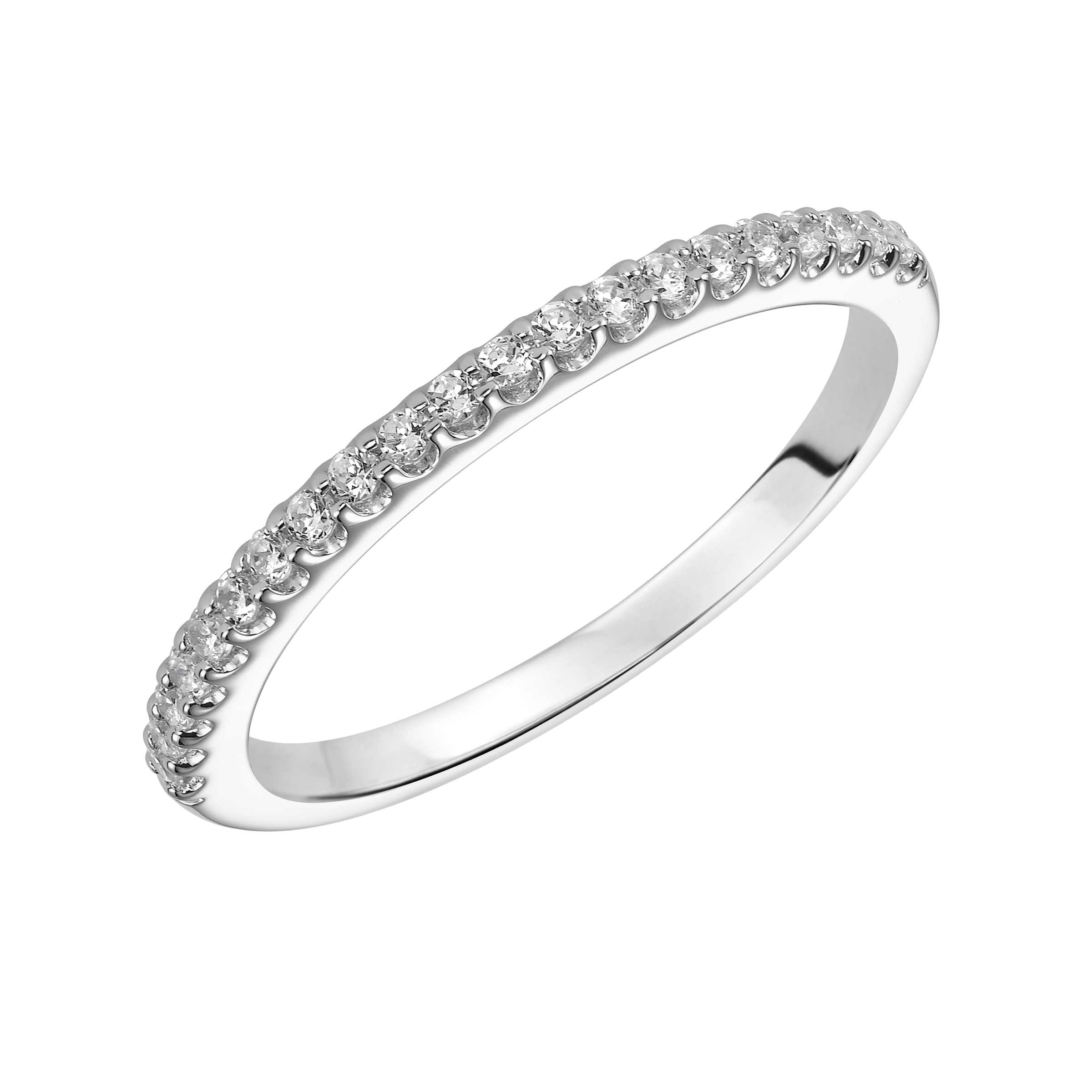Wedding band with shared prong set, round diamonds.