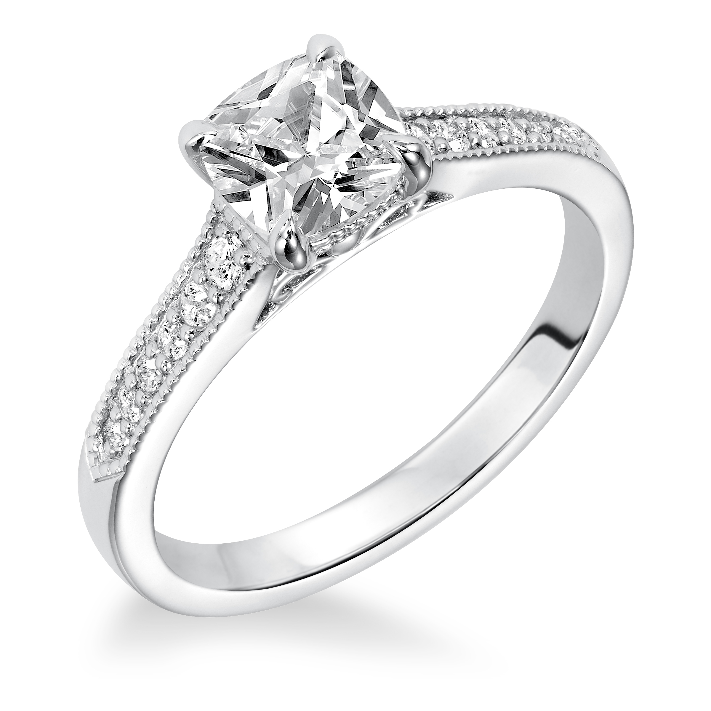 Diamond prong Set with Milgrain and Graduated Stones Shank Engagement Ring
