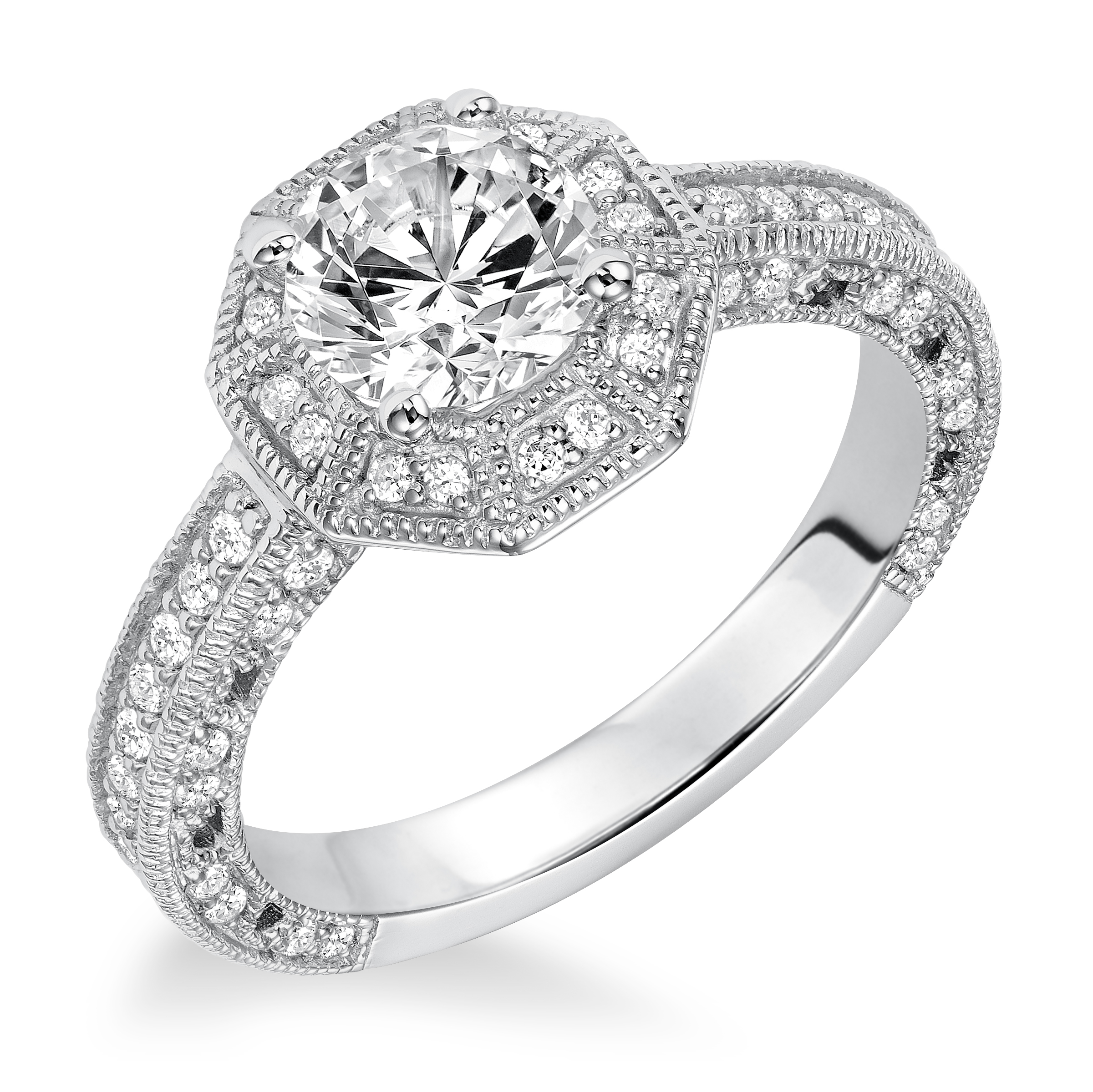 Octagon Shape Diamond Prong Set Halo with Milgrain Engagement Ring