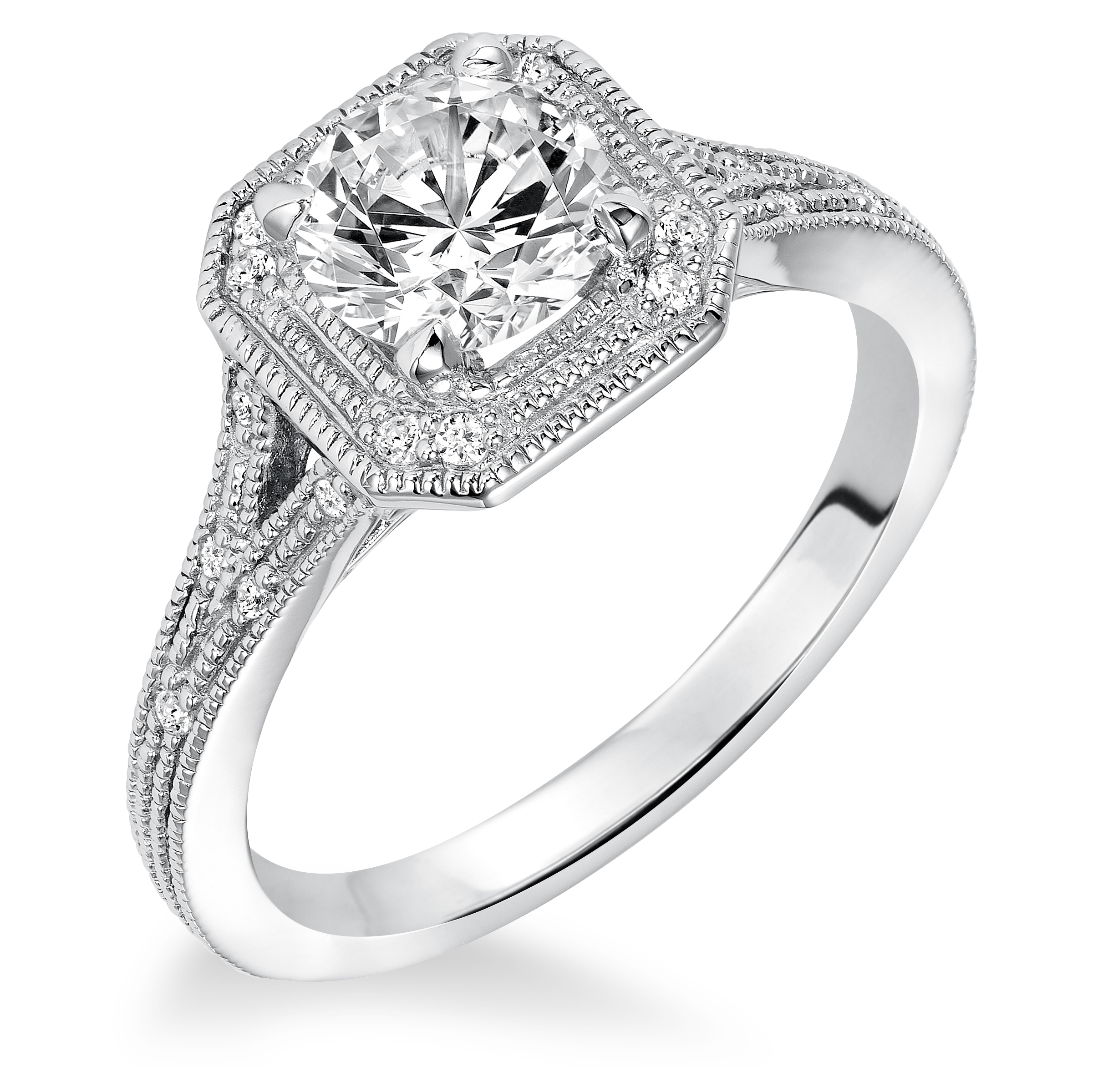 Diamond prong set Halo with Split Shank and Milgrain Engagement Ring