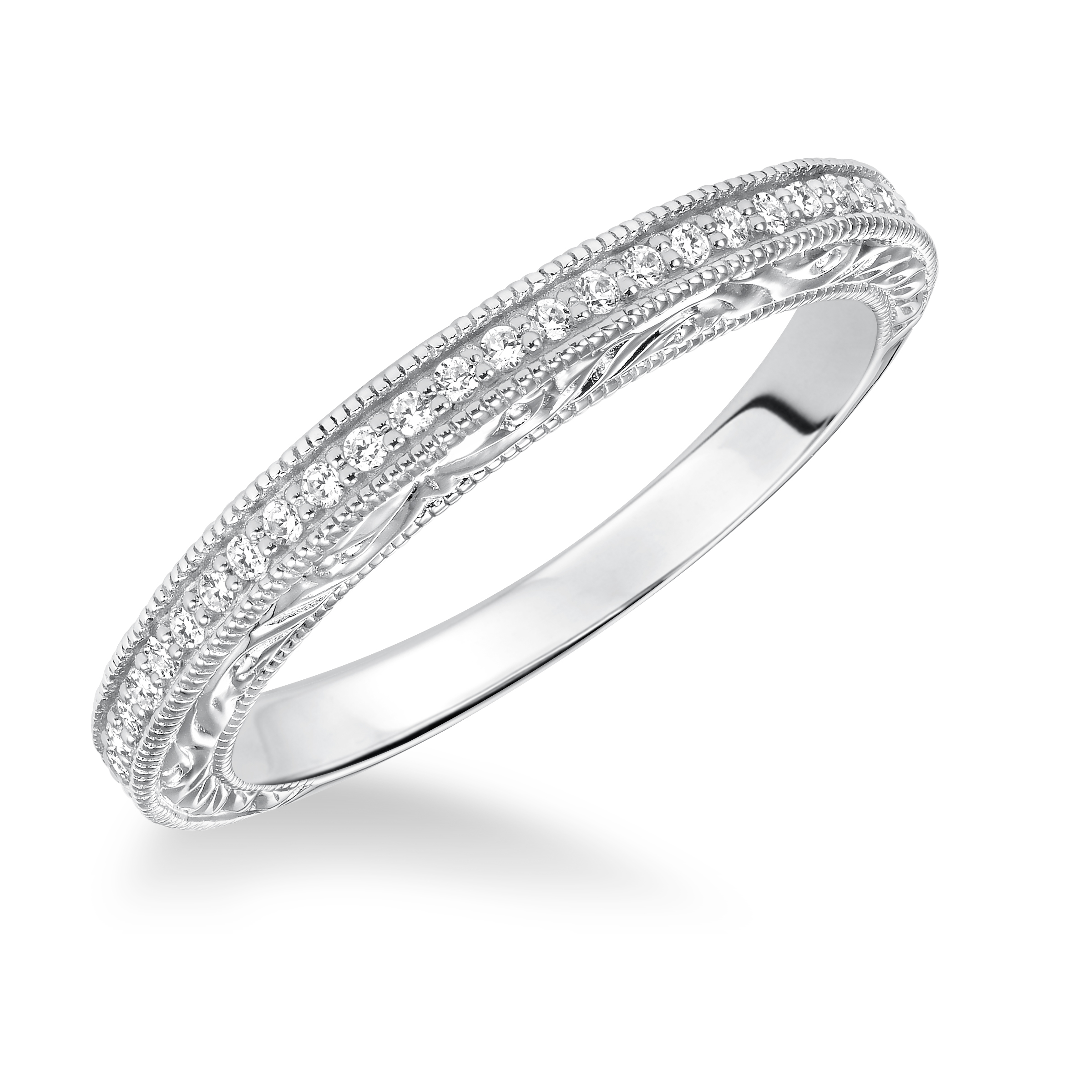 Diamond Prong Set Engraved and Milgrain Wedding Band