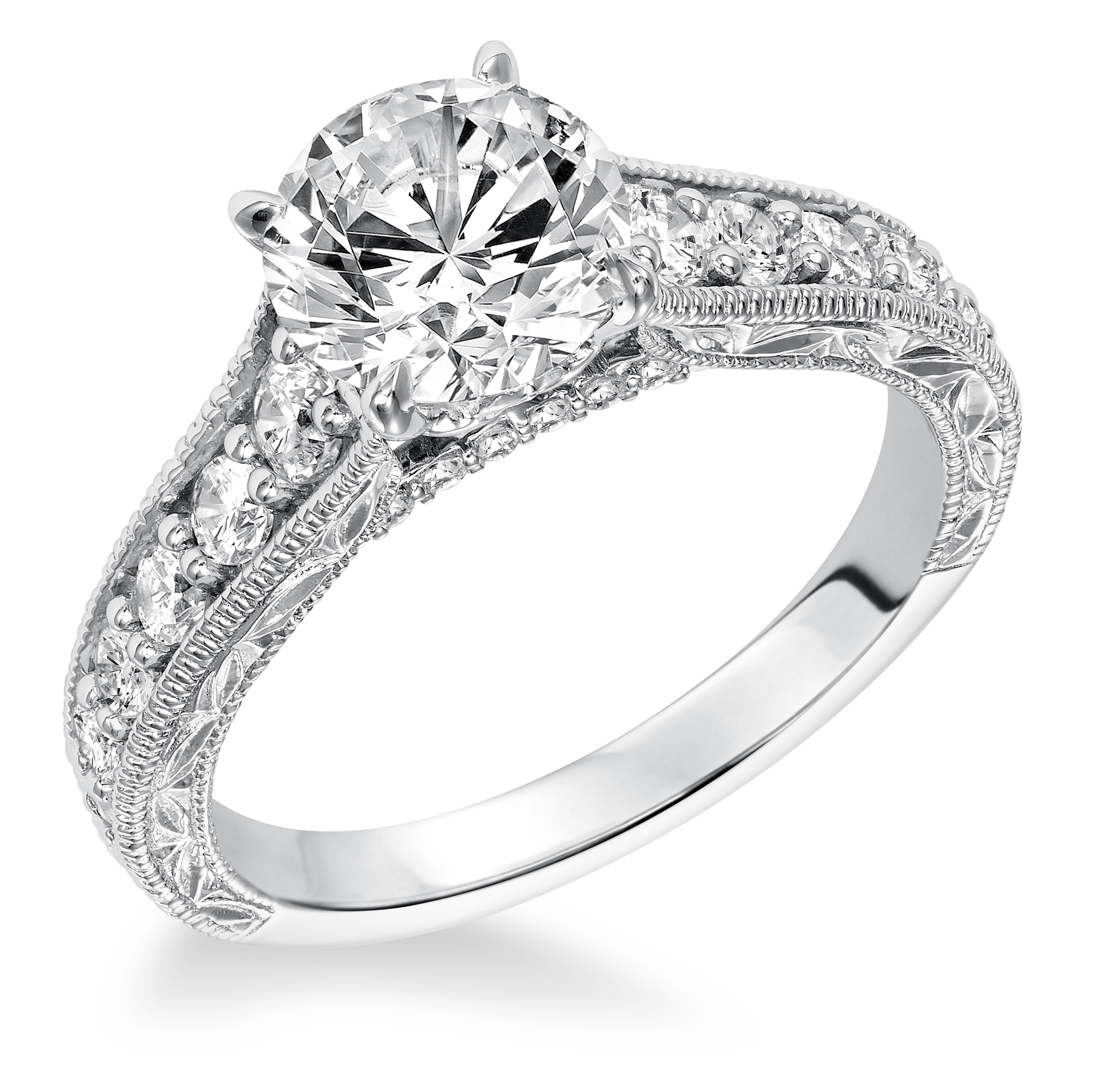 Diamond Prong Set Engraved and Milgrain with Graduated Stone Engagement Ring