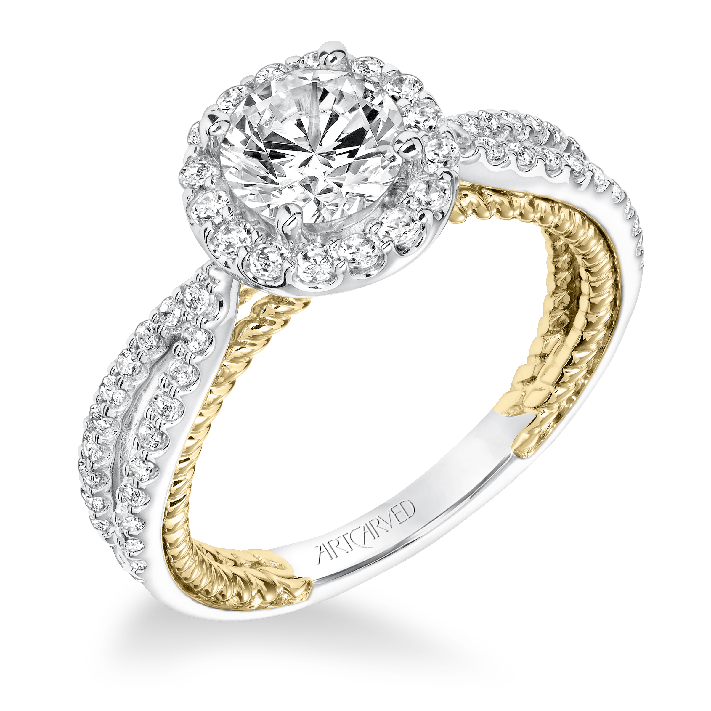 Contemporary Diamond Halo with Two Tone Rope Detail, Split shank Engagement Ring
