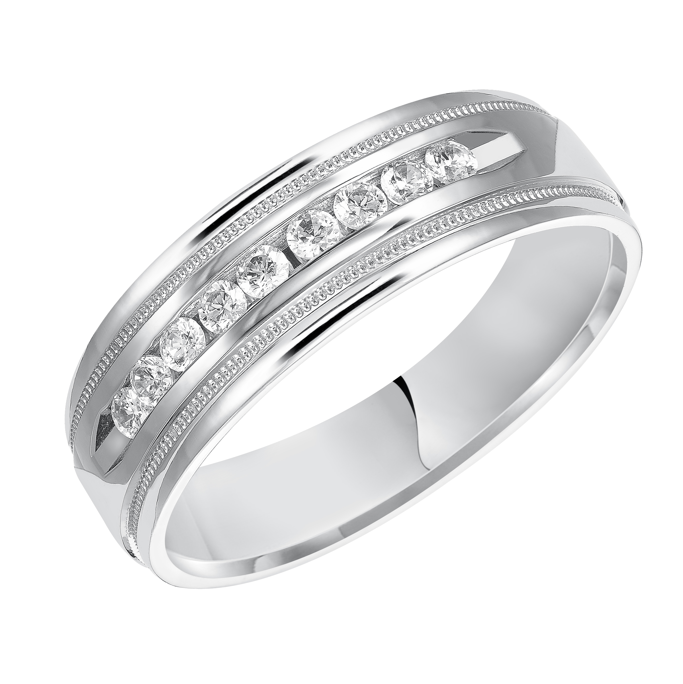 Stately, grand and luxurious, this low-domed style, Comfort Fit wedding band features bright polished finish, double milgrain and 9 channel set diamonds