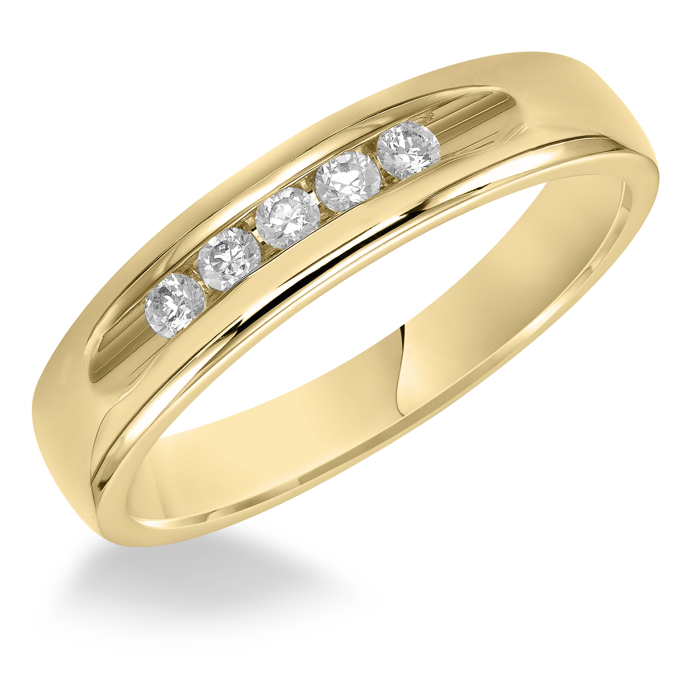 This 5 stone diamond, Comfort Fit wedding band features a bright polished finish and flat edge for a classic look that is sure to make a statement