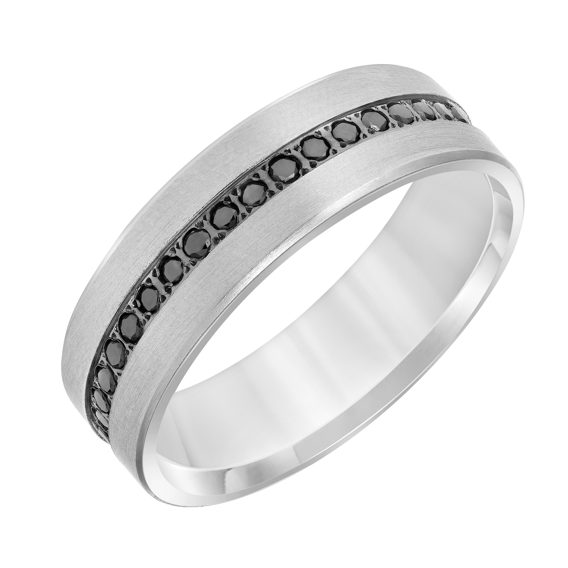 An Exquisite Row of Black Diamonds Satin Finish and Rolled Edges Perfect the Luxurious Design of this Comfort Fit Wedding Band