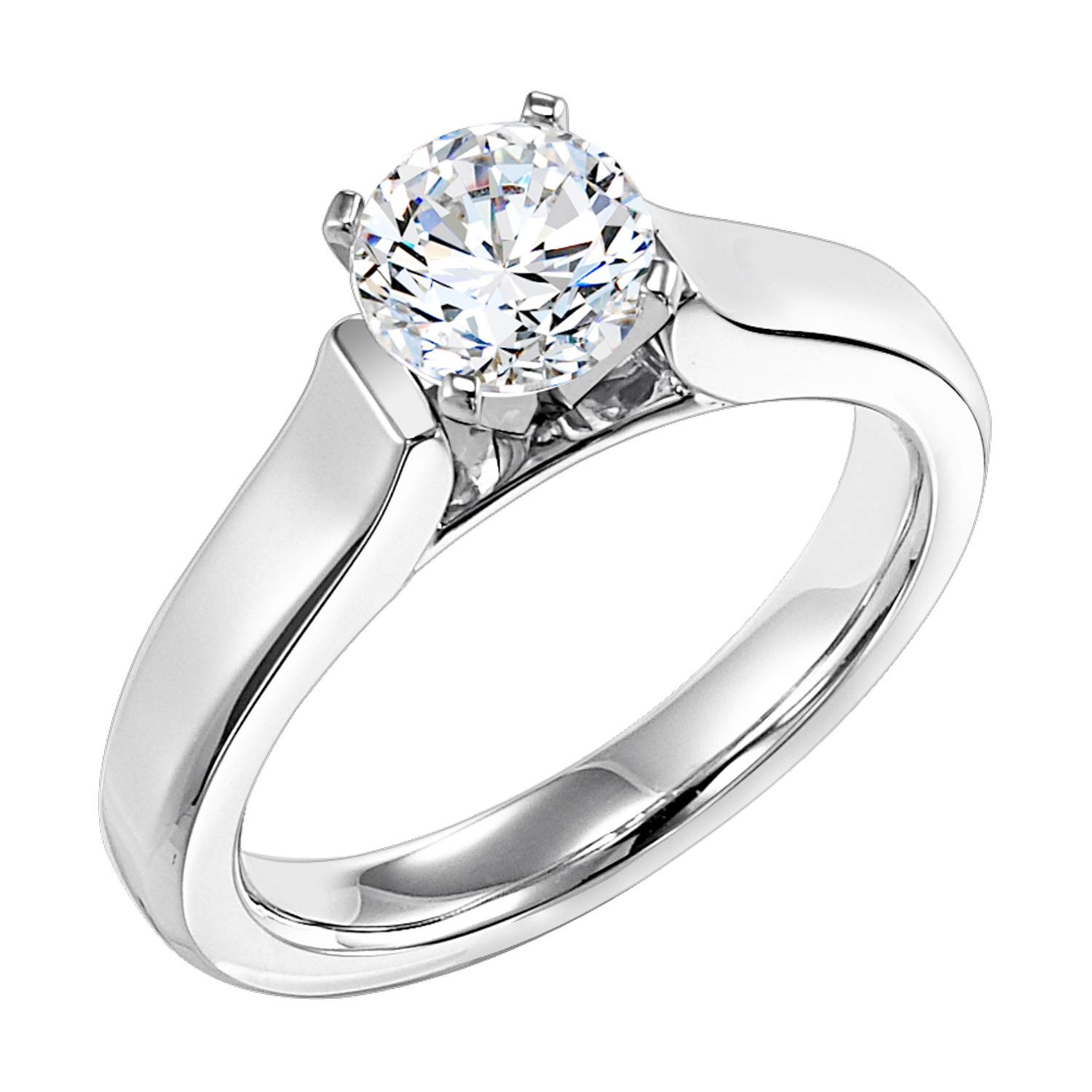 This modern solitaire features a bold, classic high polished band to brilliantly accentuate the center stone