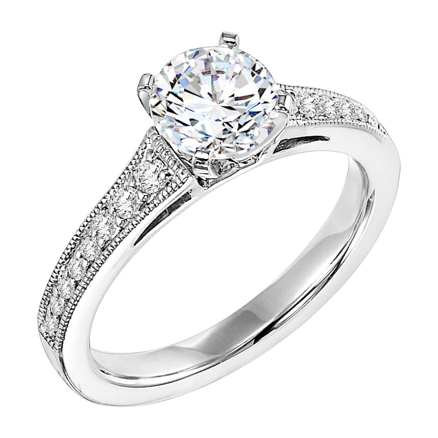 This engagement ring features a round center stone and graduating prong set diamond band with milgrain for alluring heirloom style
