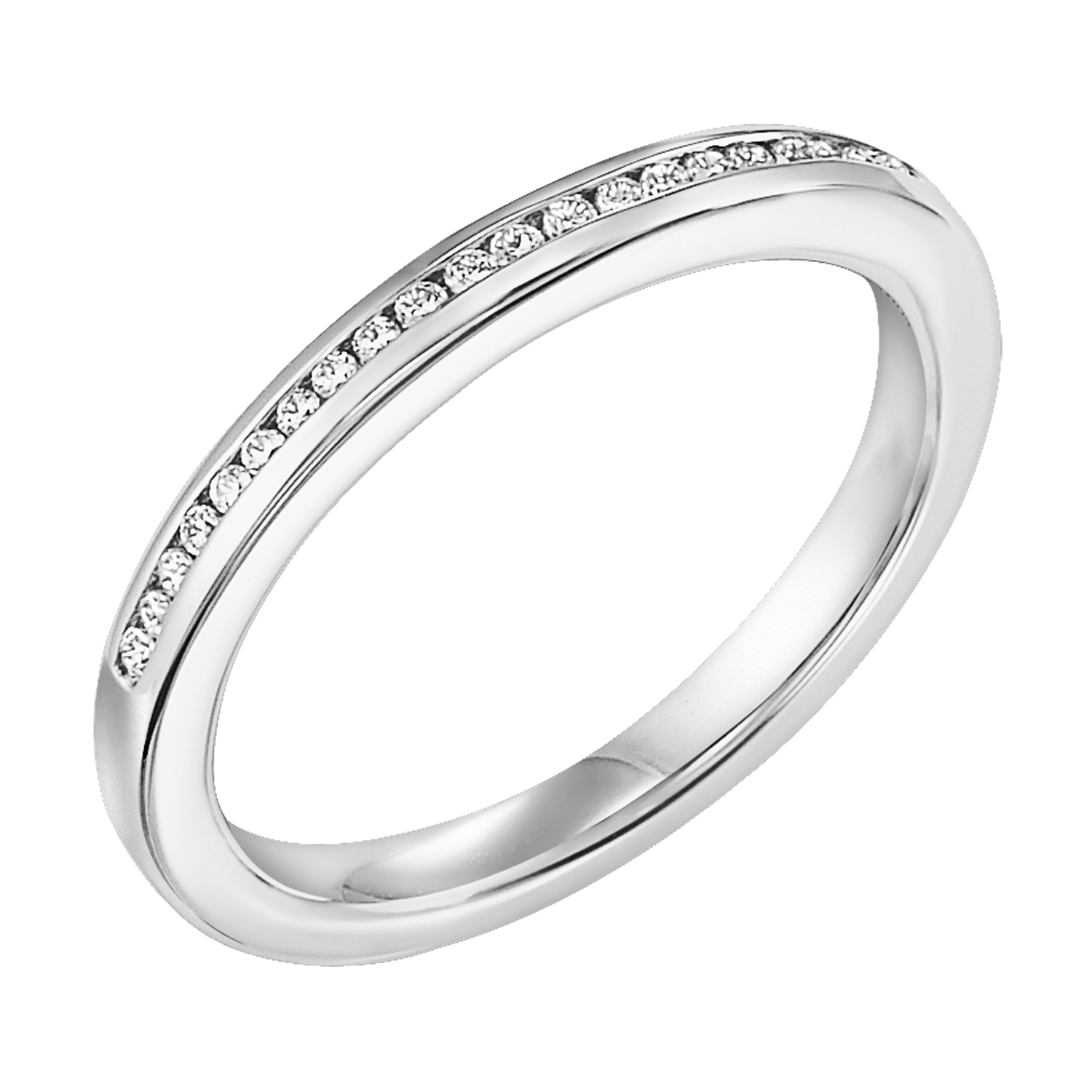 Wedding band with round, channel set diamonds.