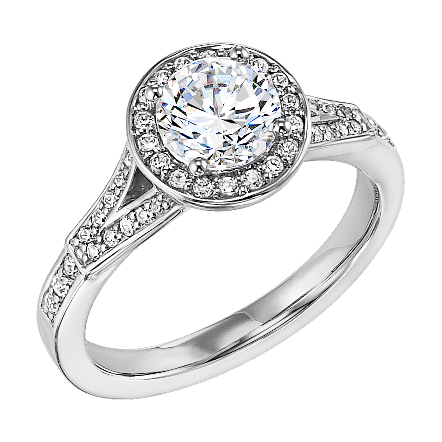 This delicately designed diamond split band setting is paired with a stunning diamond halo gracefully surrounding the round center diamond for the most intense sparkle