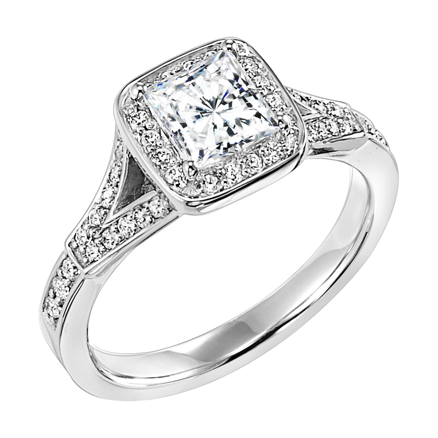 This delicately designed diamond split band setting is paired with a stunning diamond halo gracefully surrounding the princess cut diamond for the most intense sparkle