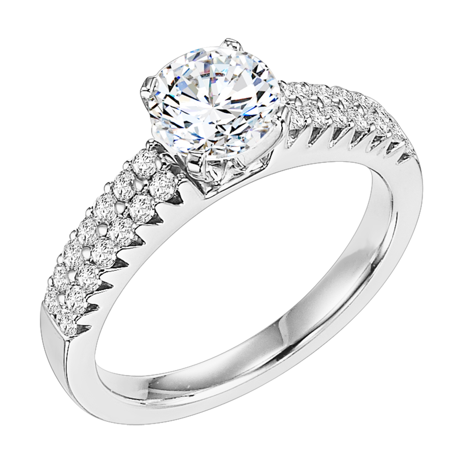 Breathtakingly beautiful, this classic round center diamond is set to sparkle with its two row prong set white diamond band