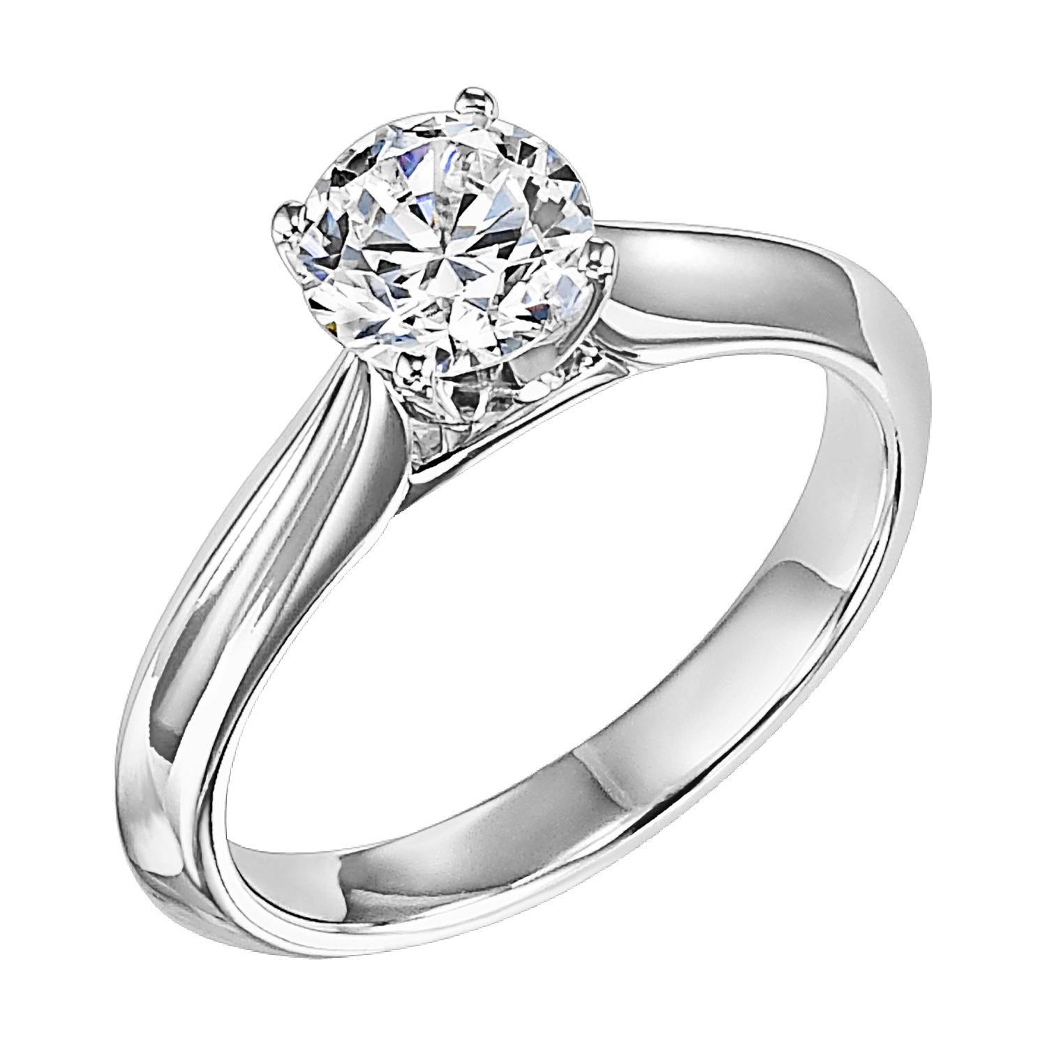 This brilliant round diamond is set with a classic high polished band creating the perfect balance of sophistication and elegance