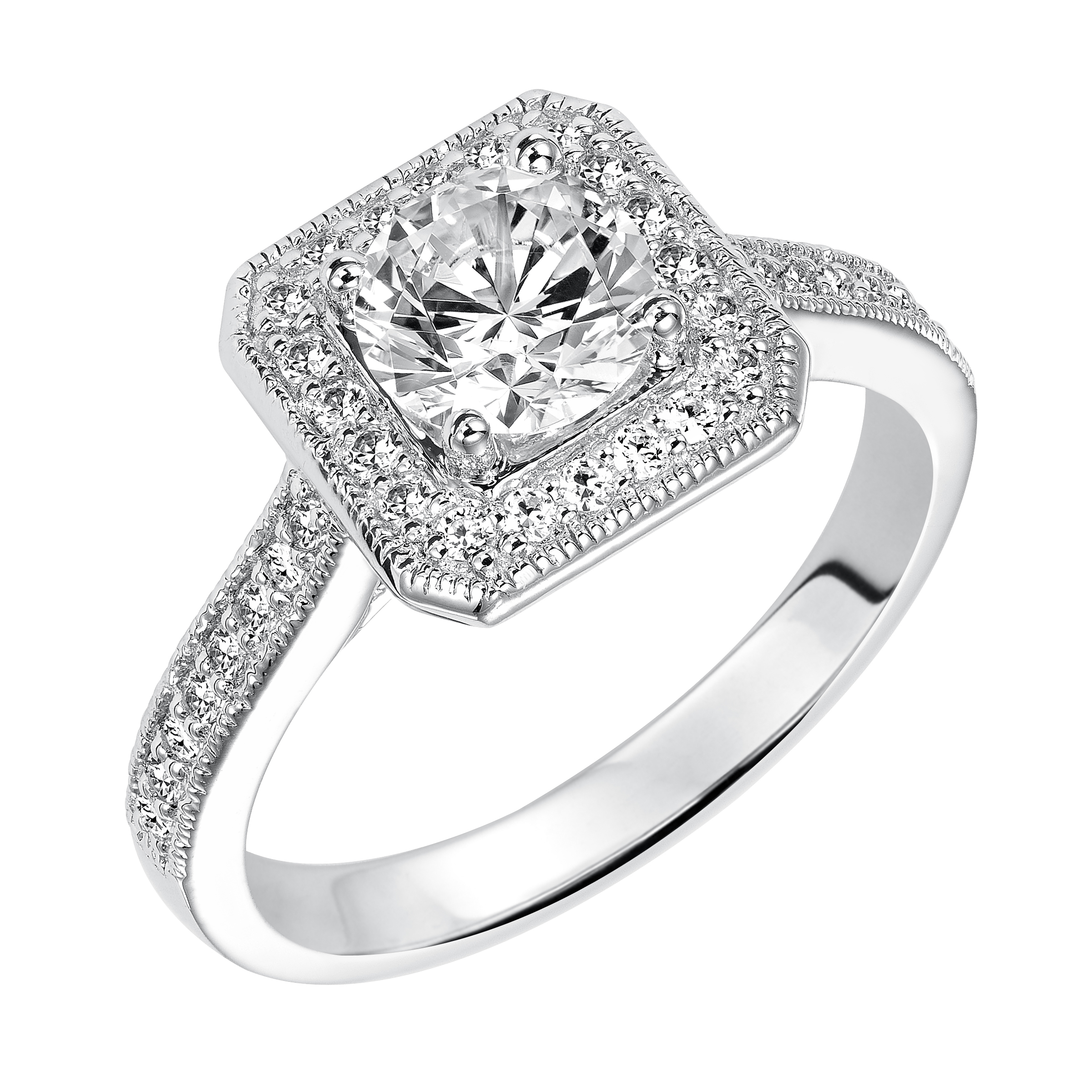 This striking vintage inspired diamond halo engagement ring features a delicately designed diamond and milgrain band