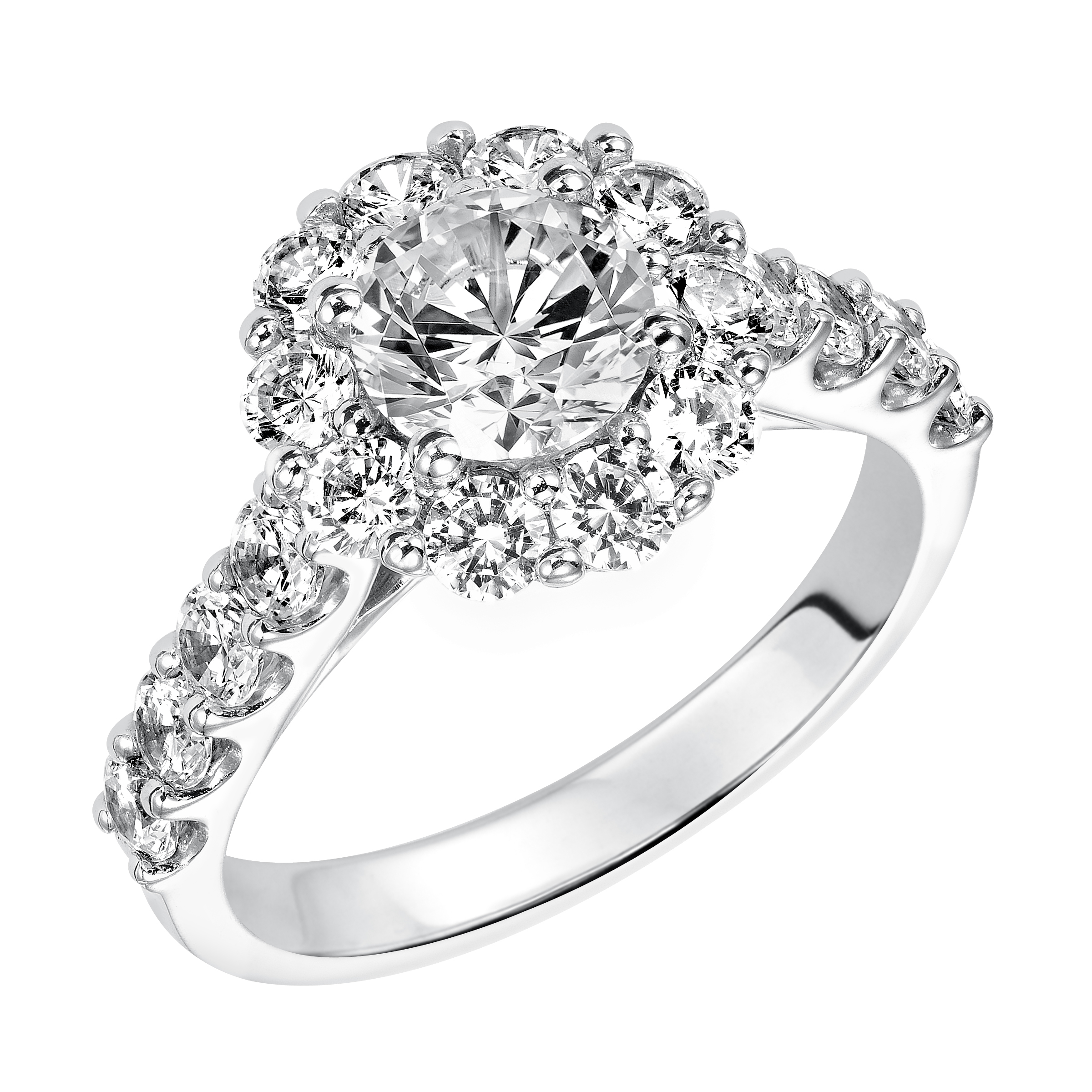 Brilliant, bold and beautiful, this engagement ring features a classic shared prong diamond halo and band
