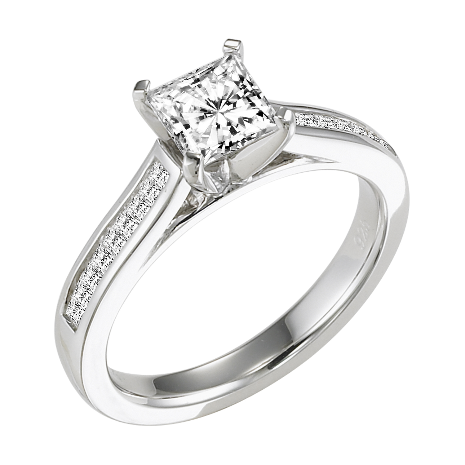 For the princess at heart, this classically designed princess cut diamond engagement ring is complimented by a princess cut diamond channel set band
