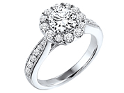 Romantic and enchanting, this engagement ring features a beautiful petite diamond crown accentuating thr center stone and diamond shared prong band