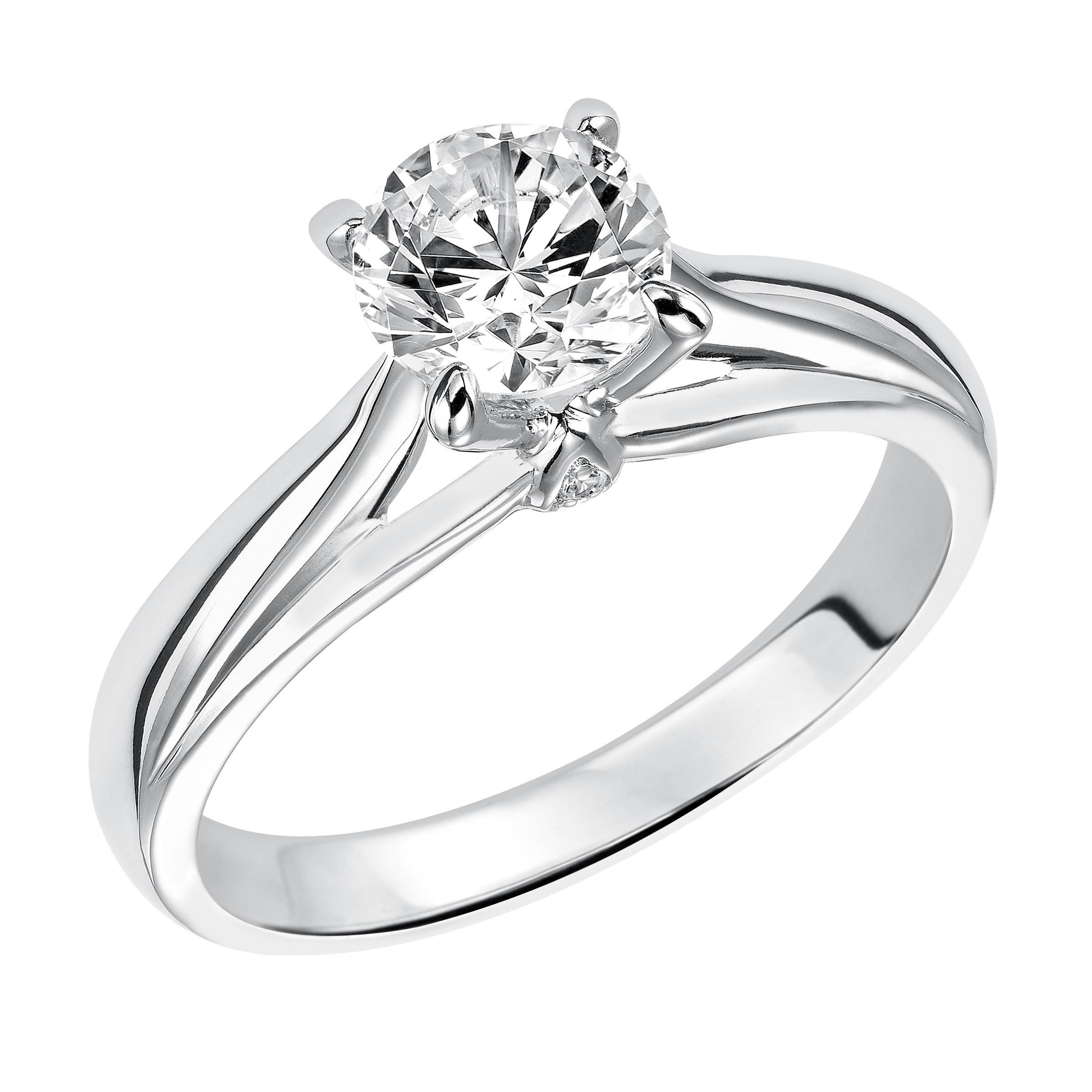 Classic with a twist for a timeless yet unique look This solitaire engagement ring features a four prong setting and high polished band with a surprise diamond accent