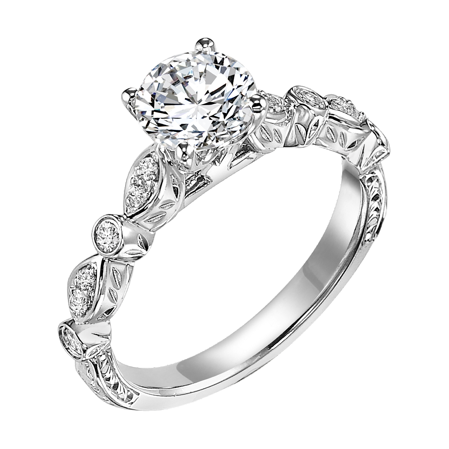 This prong set diamond and engraved band dazzles with distinct yet delicate styling