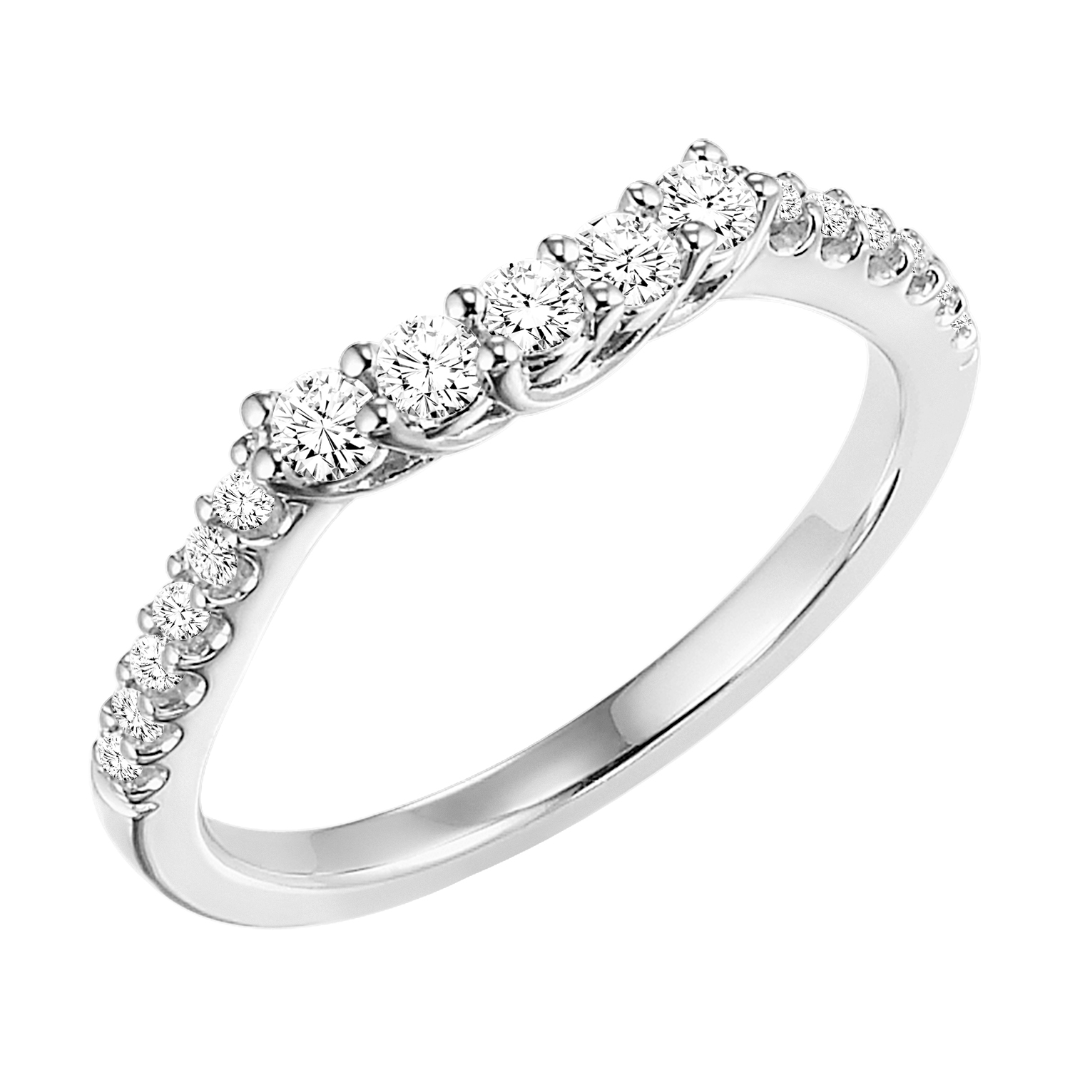 Wedding band with five, round, prong set diamonds and complimenting round, diamond prong set shank.