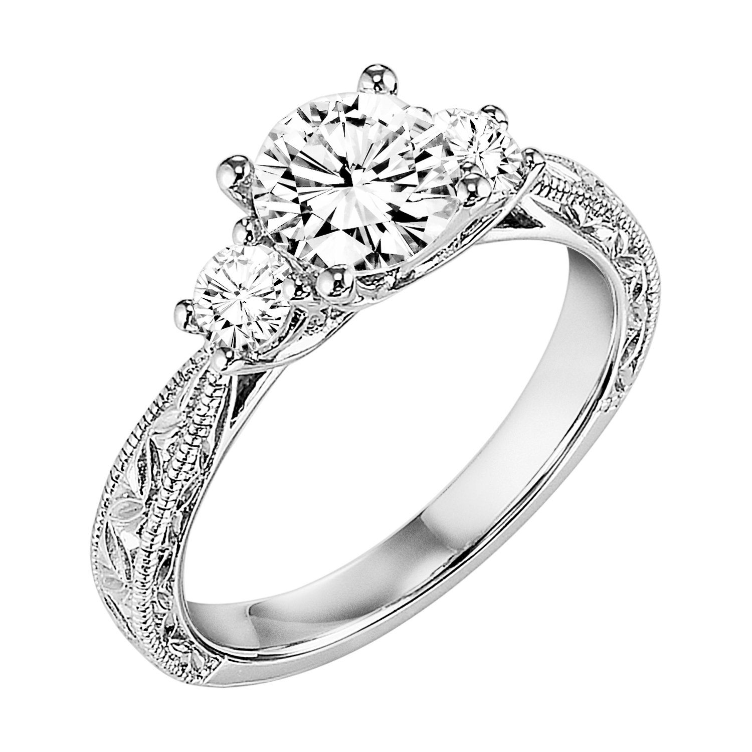 Finely crafted, beautiful engraving graces this 3-stone diamond engagement ring for a vintage chic look