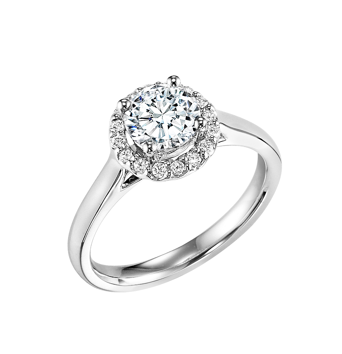 A magnificent diamond prong set halo gracefully accentuates the center diamond whilst paired with a high polished band for a timeless, spectacular design