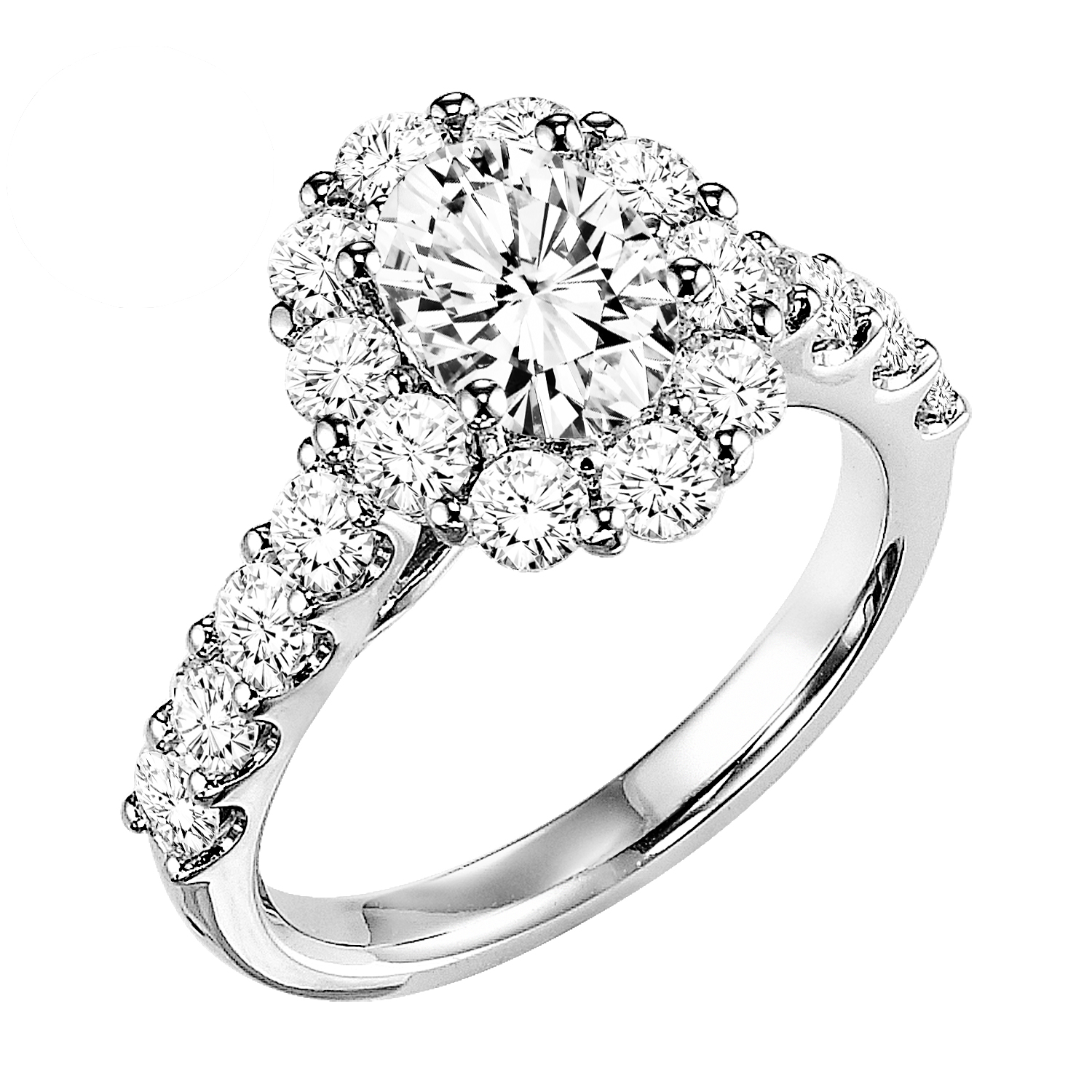 This impressive shared prong diamond halo and band is a pure show-stopper as it grandly accentuates the center stone for a bold, beautiful look