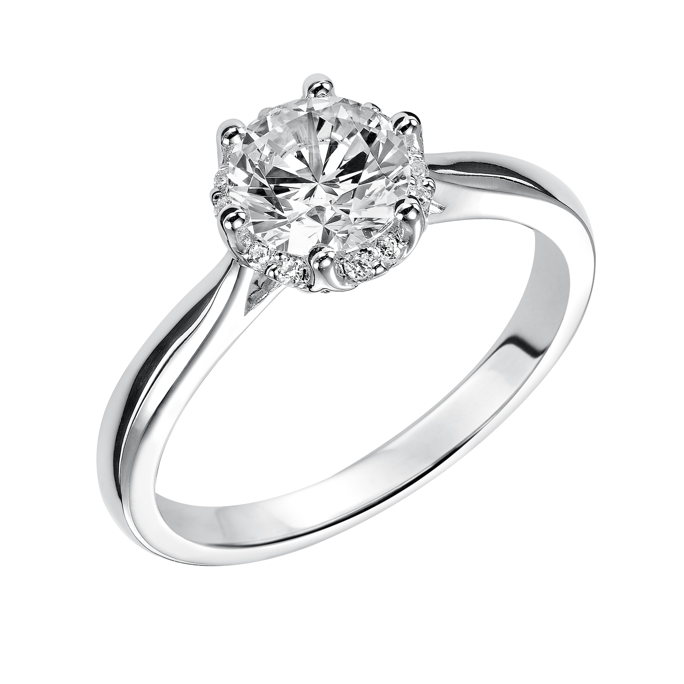 Classic glamour inspired the design of this engagement ring featuring a round diamond brilliantly accentuated by a prong set diamond halo and high polished band