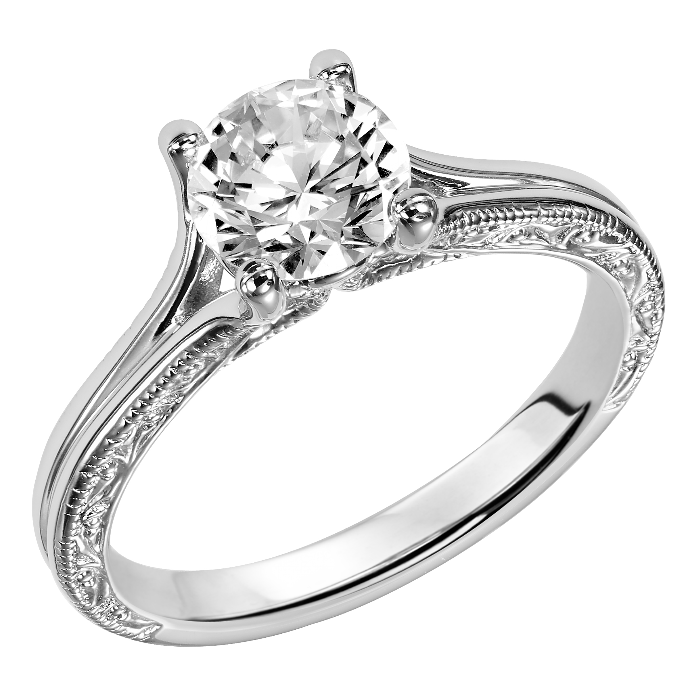 This engagement ring features gorgeous engraving and milgrain gracing the side of the band while the top contrasts with a high polished finished
