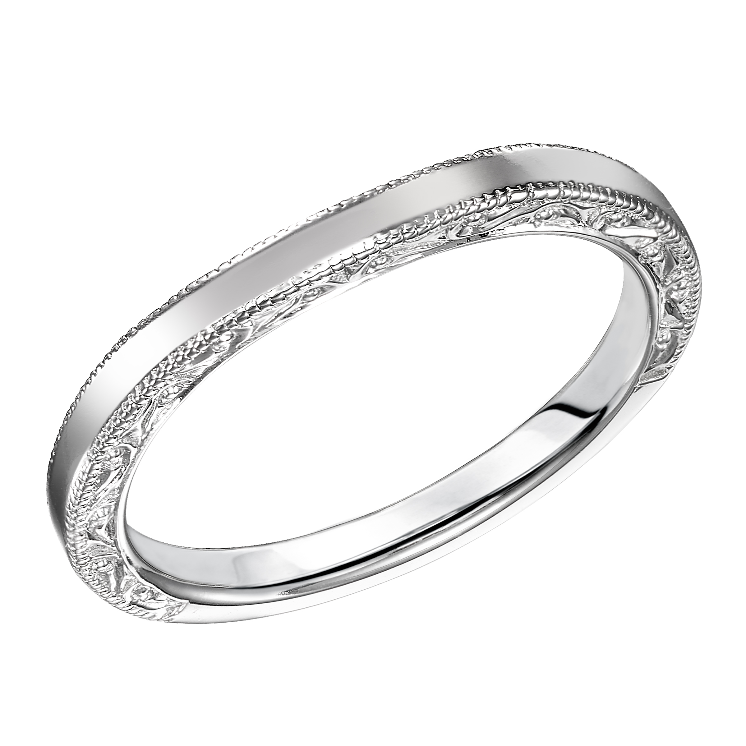 Wedding band with high polished shank accentuated with milgrain and engraving on the sides.