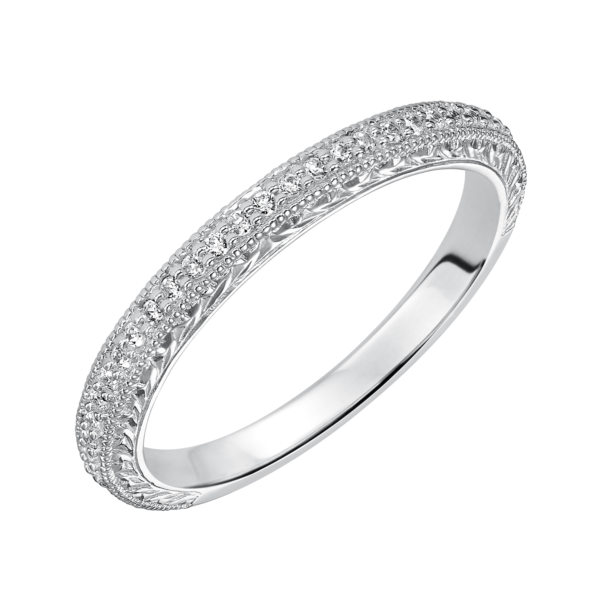 Wedding band with bead set, round diamonds, engraving and milgrain.