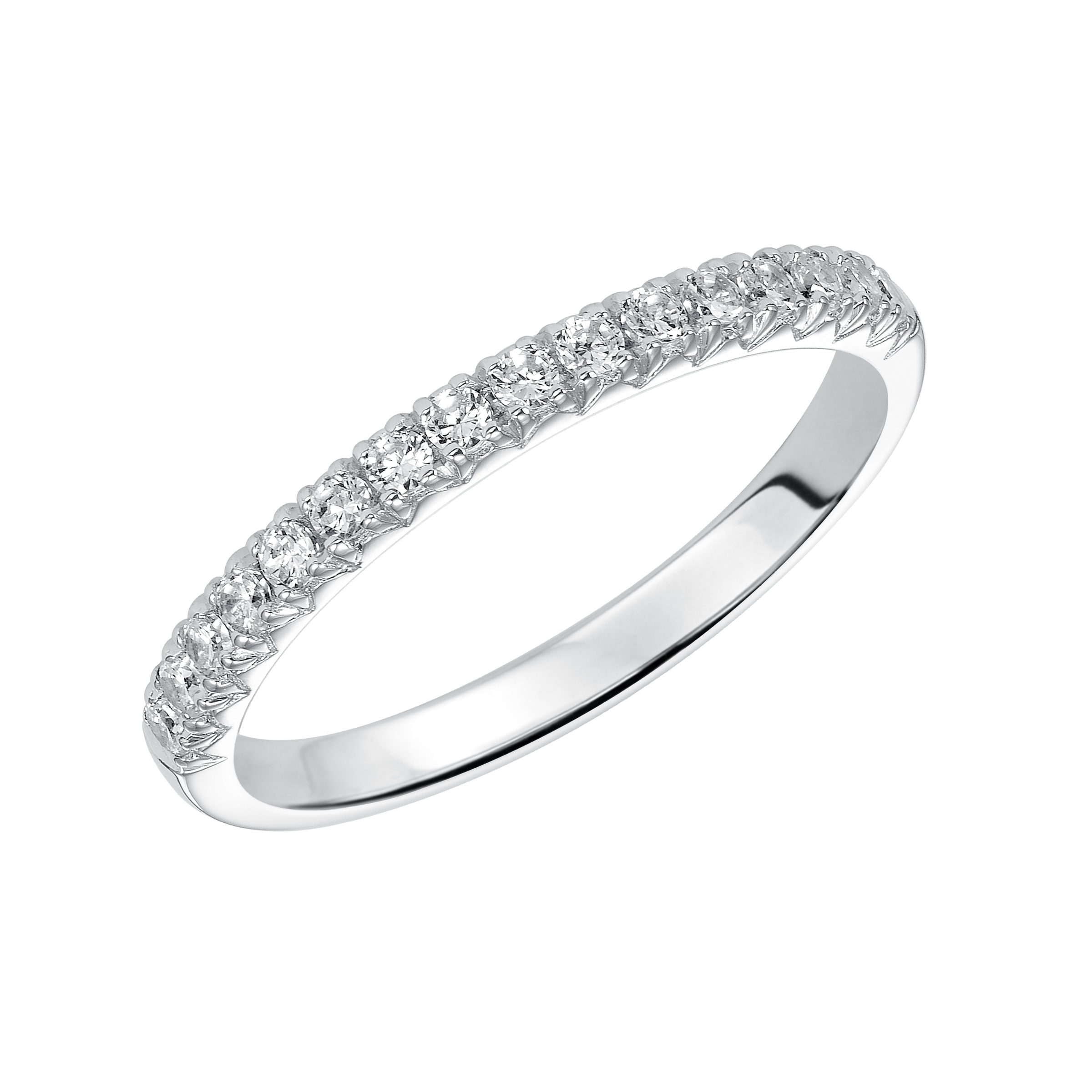 Wedding band with shared prong set, round diamonds.