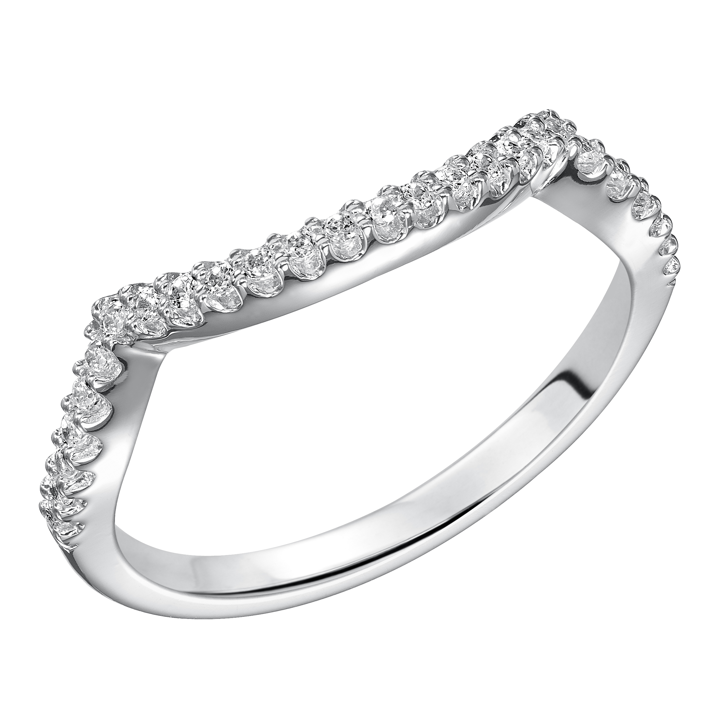 Wedding band with shared prong set, round diamonds and curved design to fit flush with matching engagement ring.