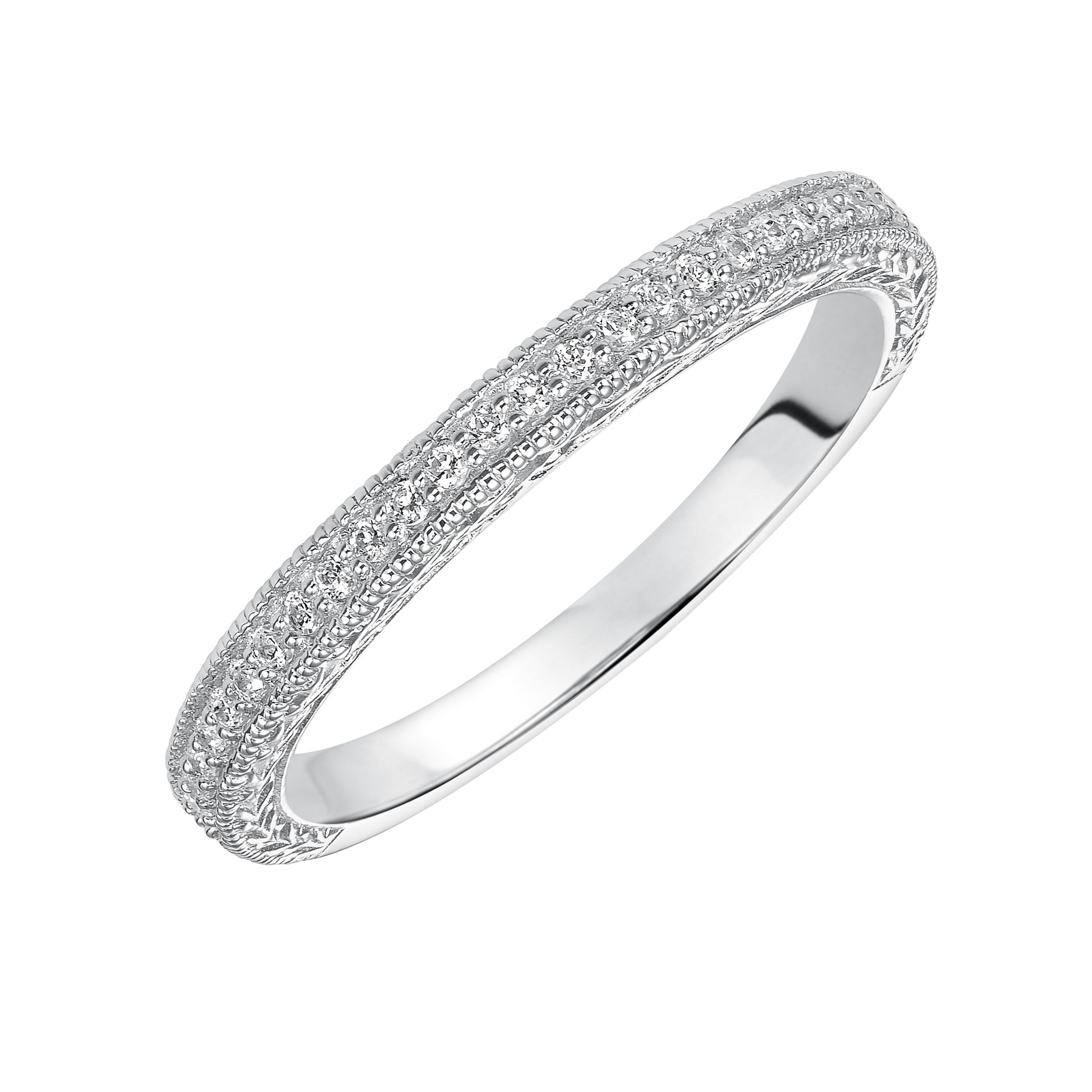 Wedding band with bead set, round diamonds, engraving and milgrain.