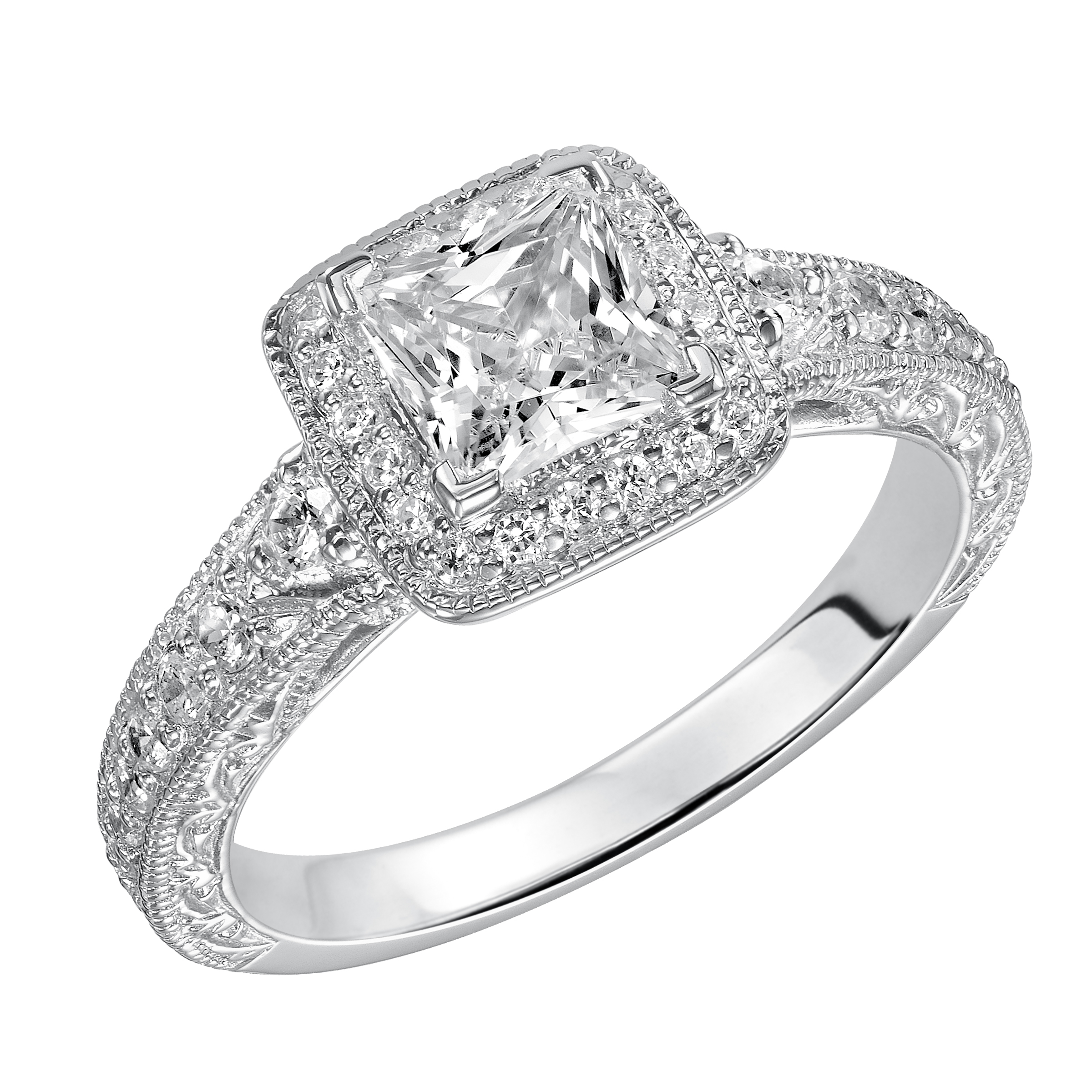This princess cut diamond engagement ring is awe-inspiring with an impressive diamond prong set band with a intricate engraved design and milgrain detailing