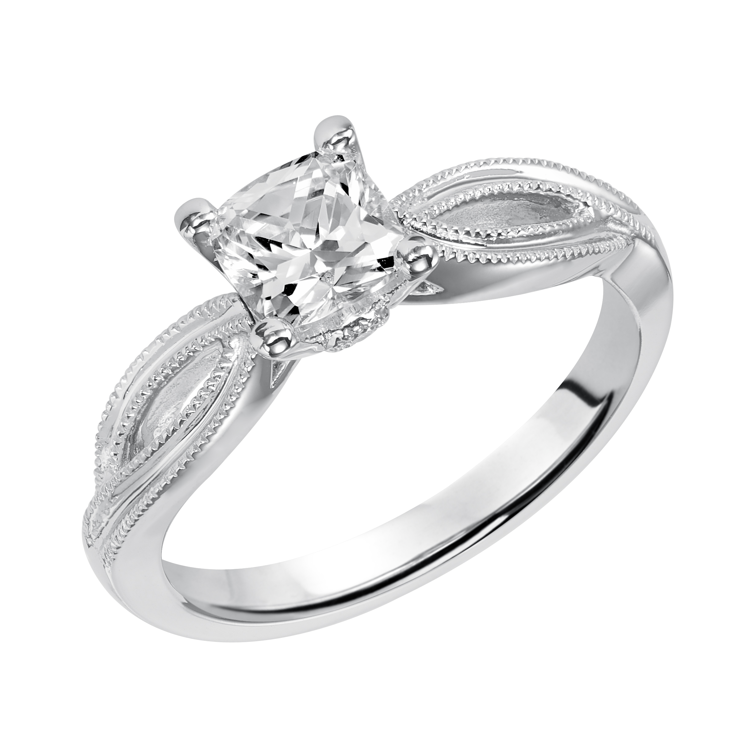 Charming and refined, this ribbon-twist inspired engagement ring design features traditional milgrain detailing to enhance this cushion cut diamond center stone