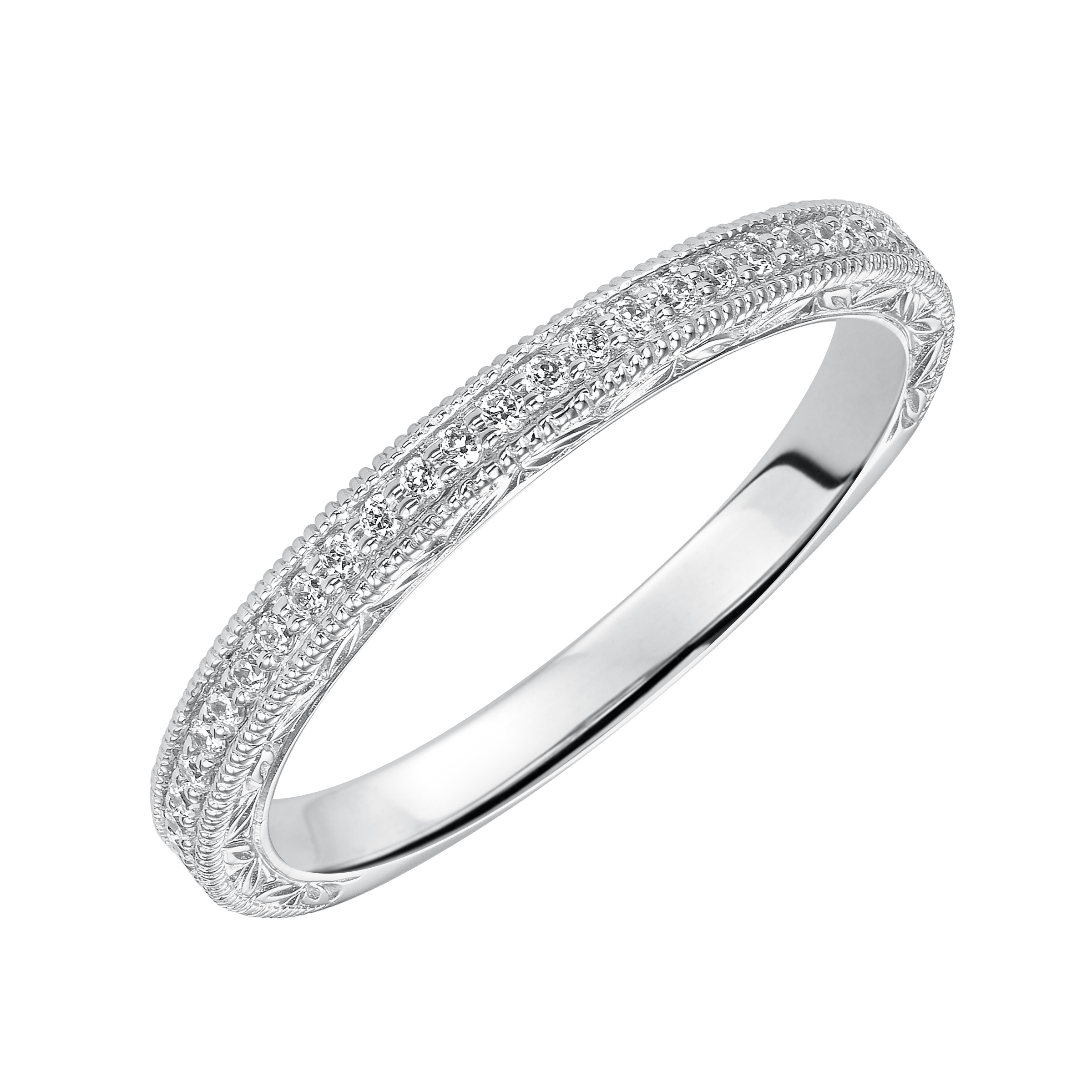 Wedding band with bead set, round diamonds, engraving and milgrain.