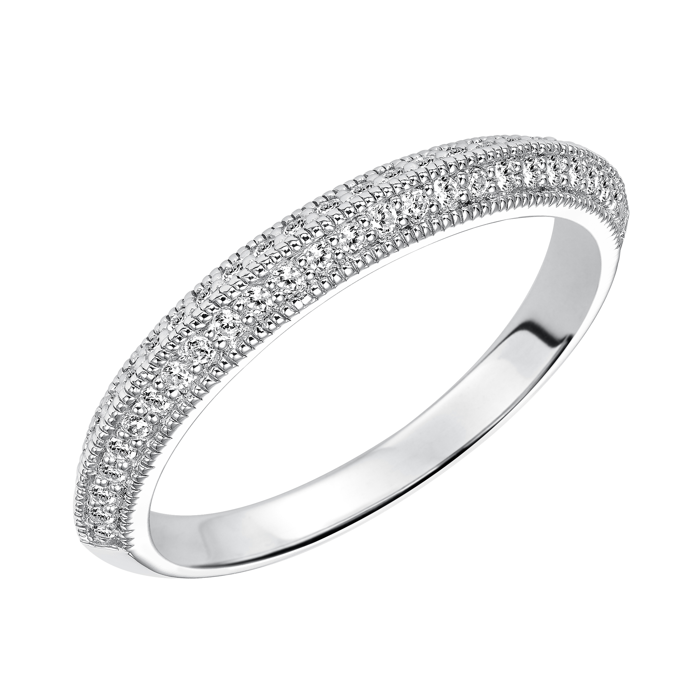 Wedding band with bead set, round diamonds and milgrain enhanced, knife-edge shank.