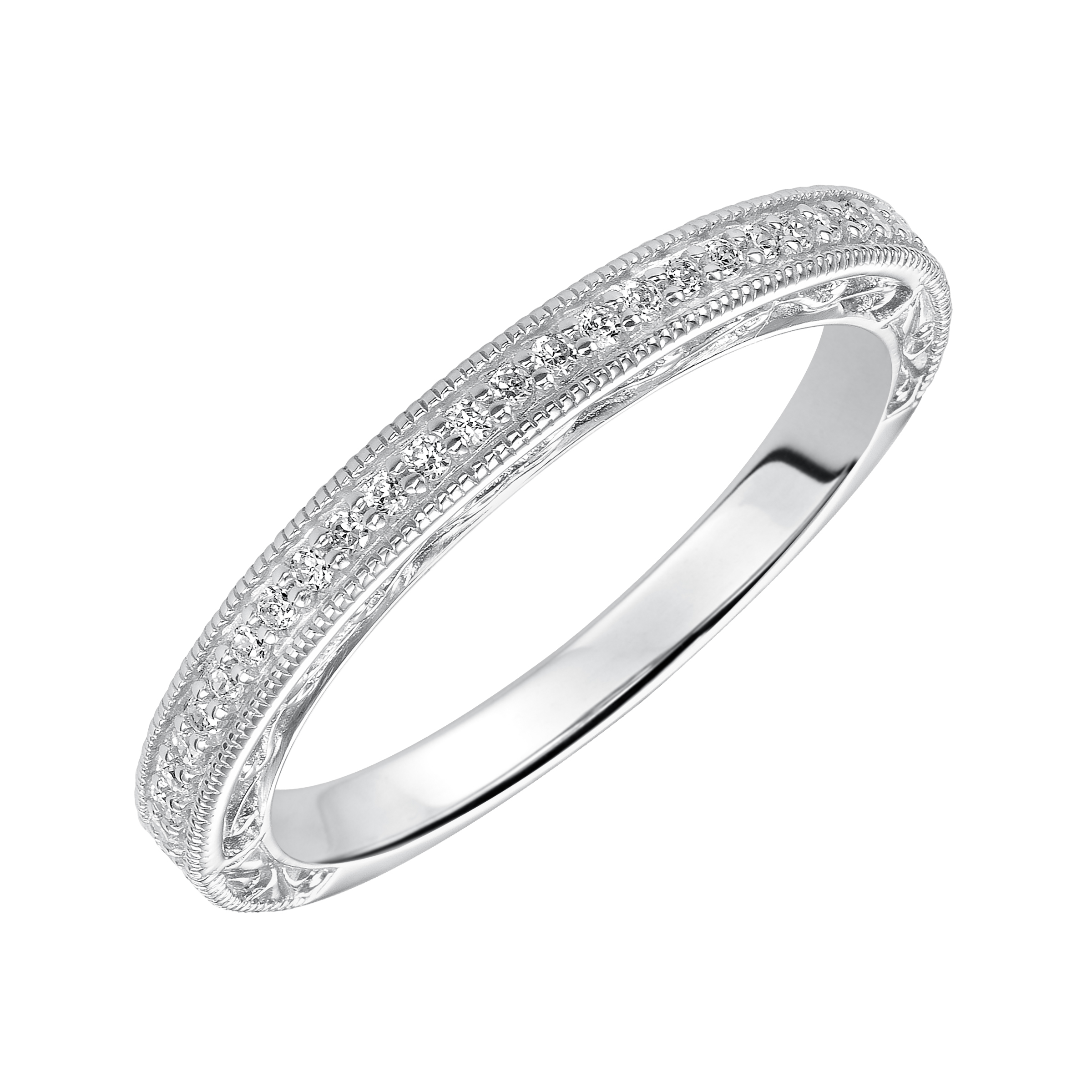 Wedding band with bead set, round diamonds, engraving and milgrain.