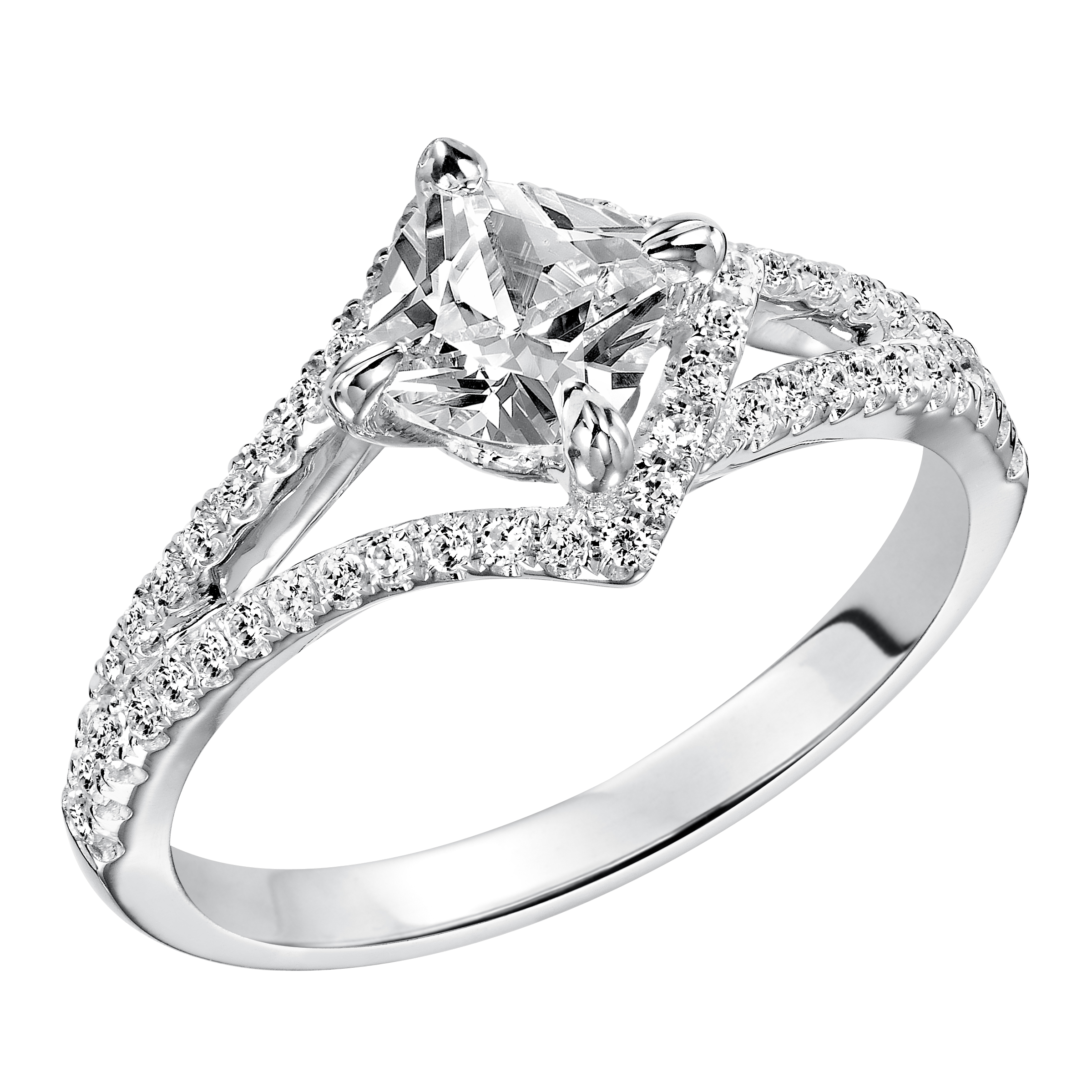 Contemporary angles inspired the design of this princess cut diamond engagement ring featuring a free form prong set diamond split band