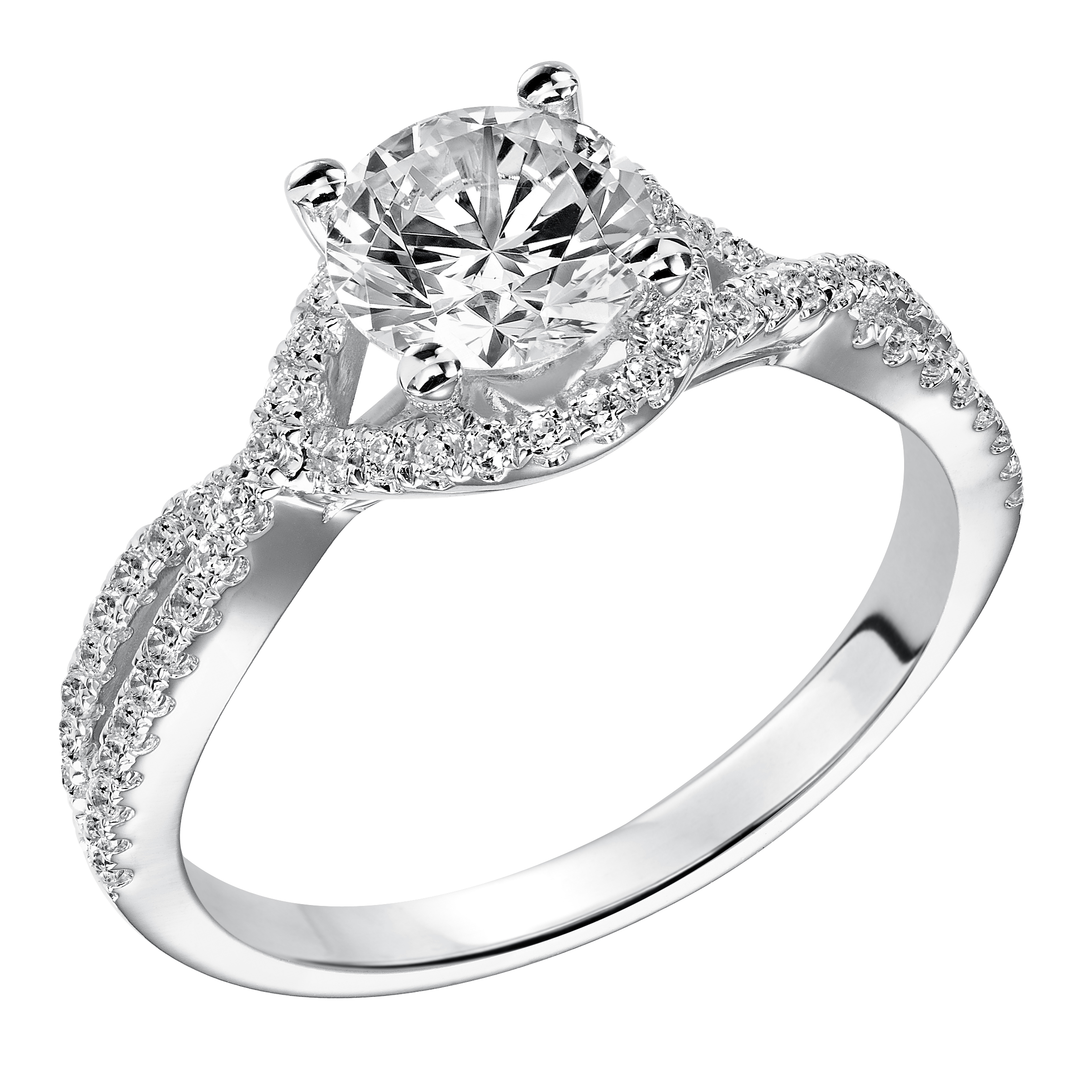 Elegantly designed, this round diamond engagement ring features a graceful prong set diamond halo and split band