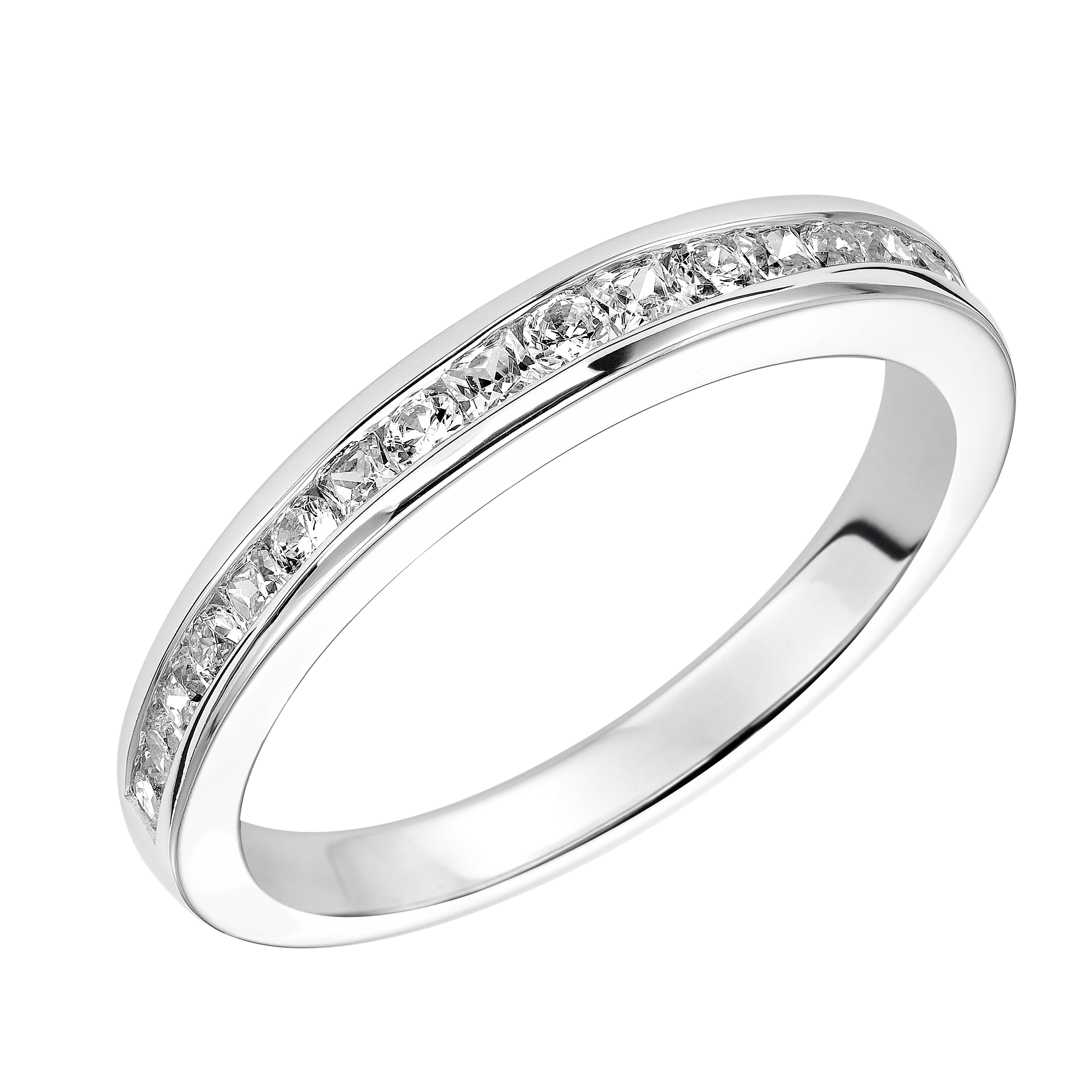 Wedding band with channel set round and princess cut diamonds.