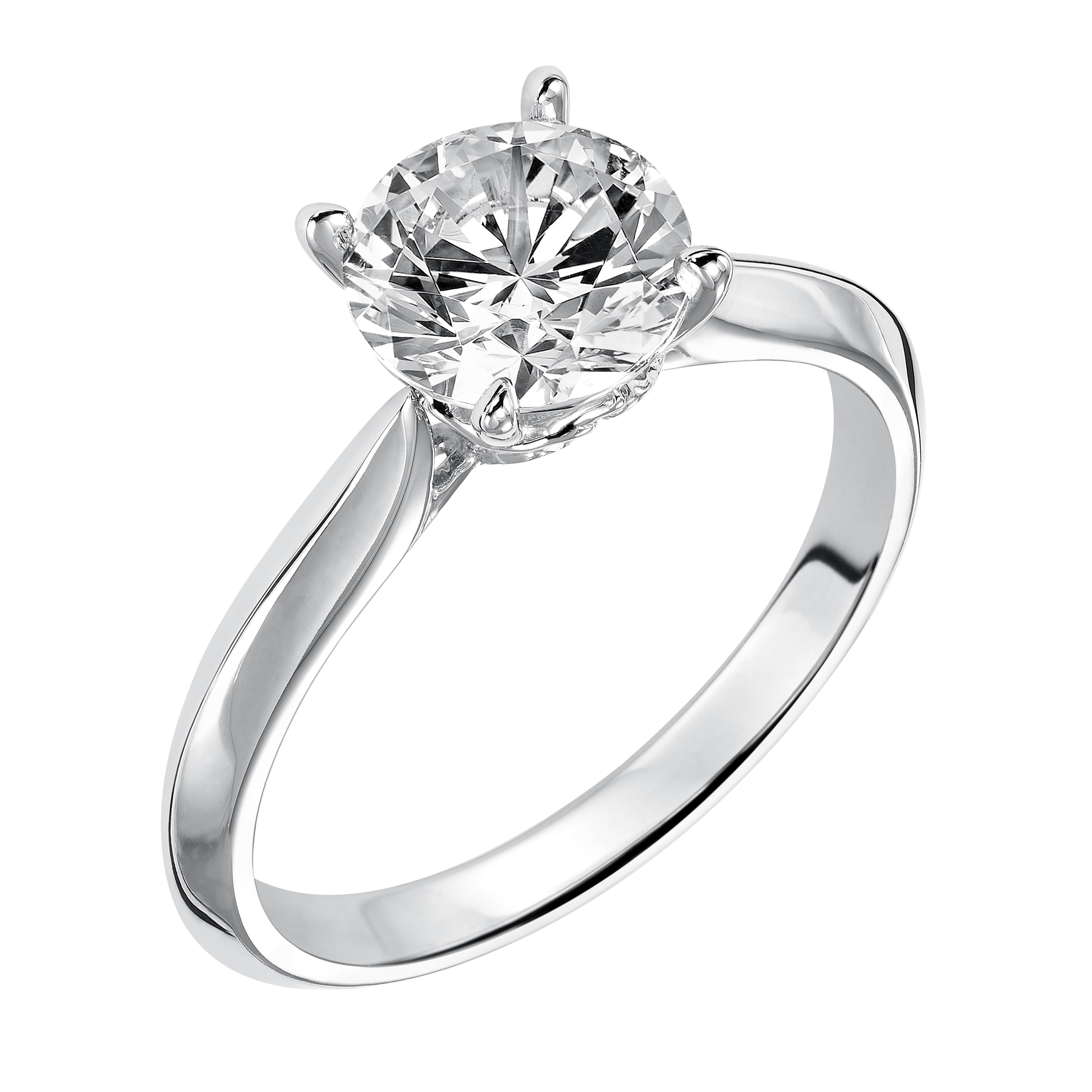 Sleek and sophisticated styling is infused into the design of this engagement ring with its streamlined knife-edged high polish band to accentuate the center stone