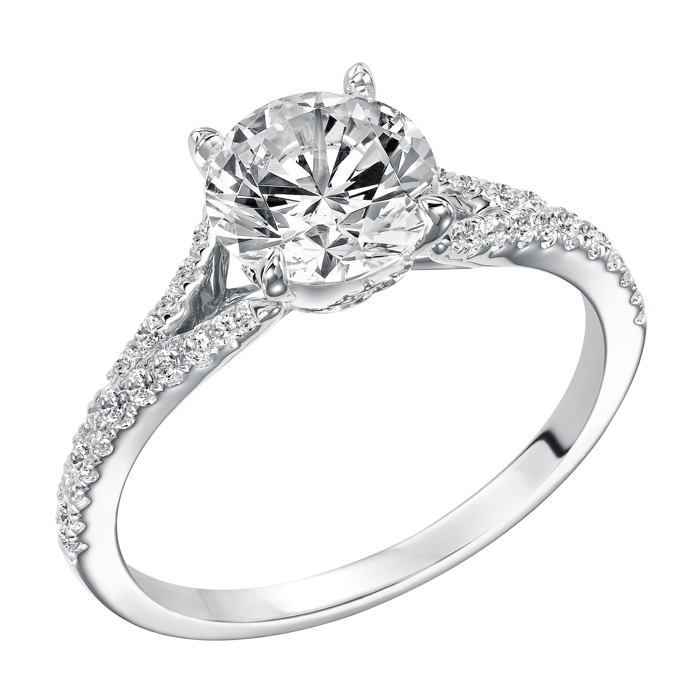 Striking yet elegant, this round diamond engagement ring features a delicate prong set diamond split band