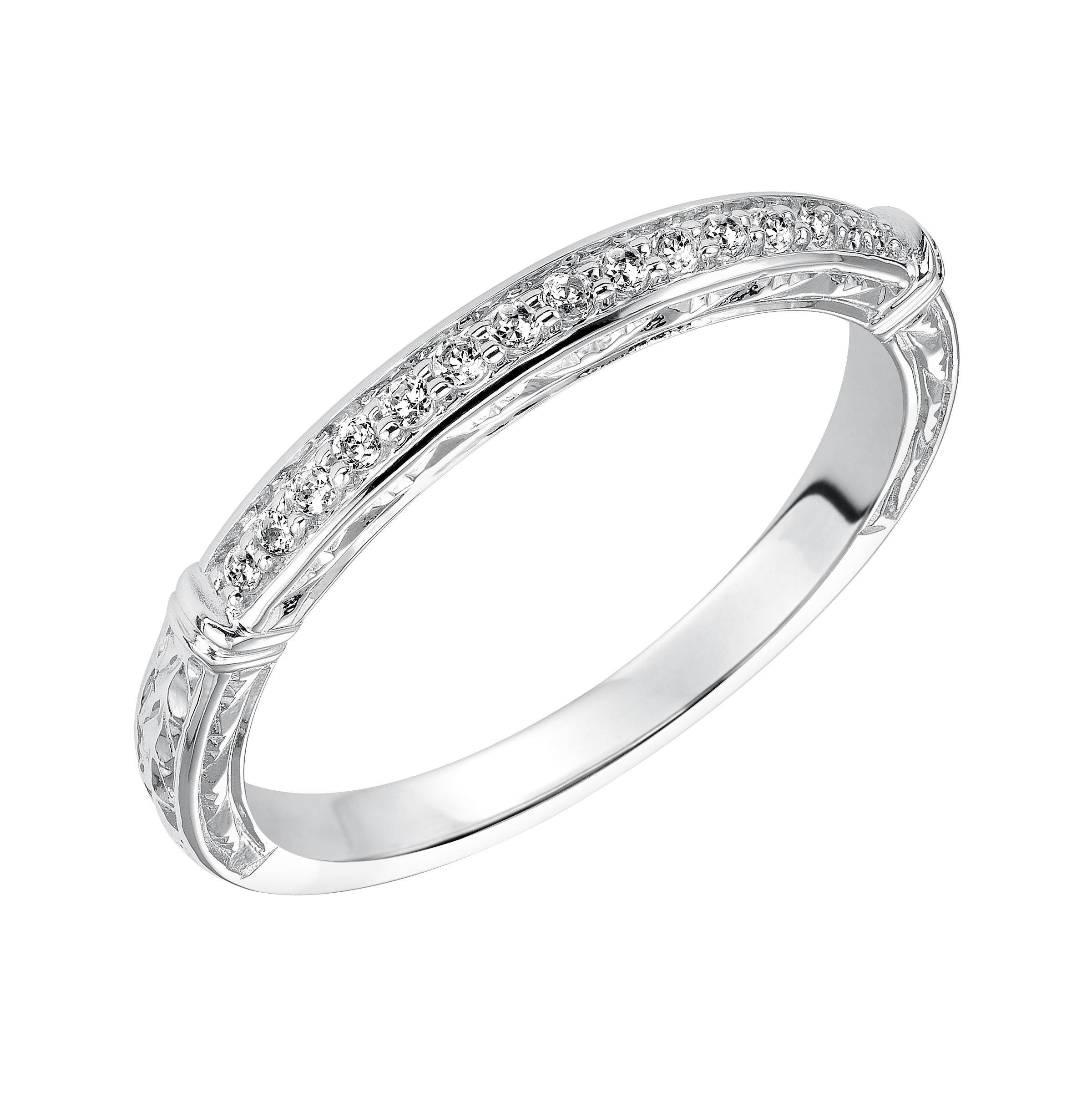 Wedding band with bead set, round diamonds, engraving and curved design to fit flush with matching engagement ring.