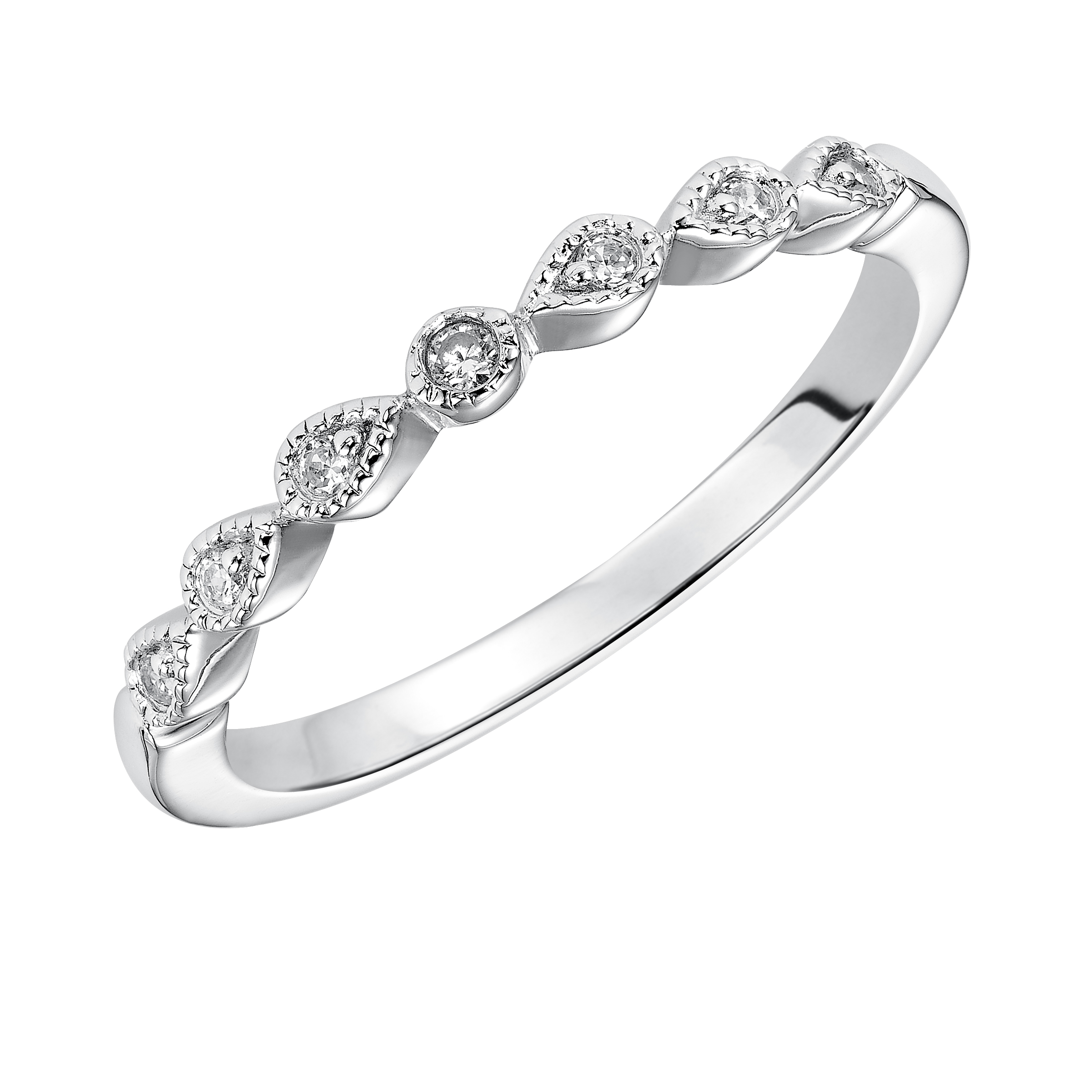 Wedding band with round diamond enhanced petal motif with milgrain design.