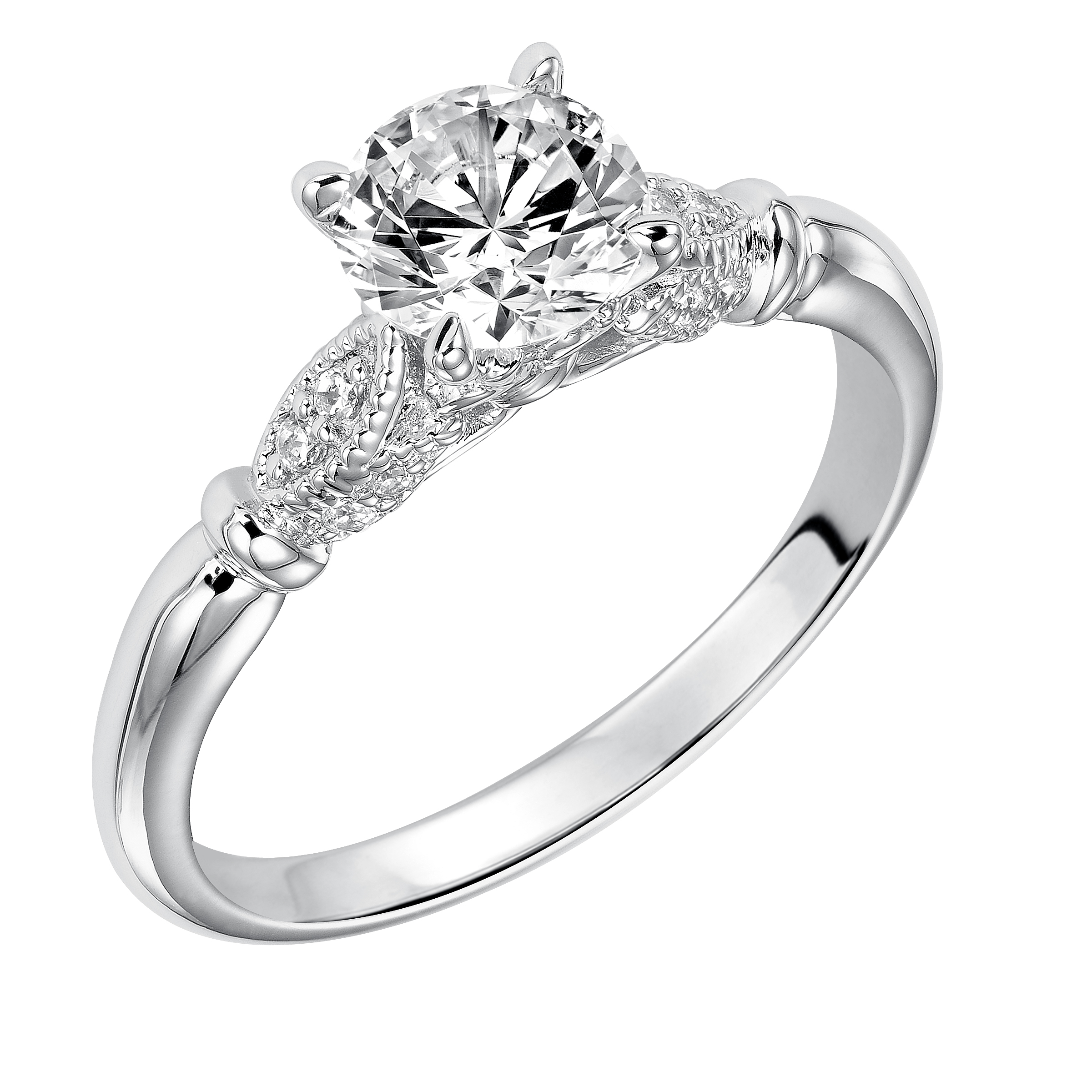 This round diamond engagement ring is simple yet elegant featuring a delicate diamond prong set petal design with milgrain accentuating the center stone on each side