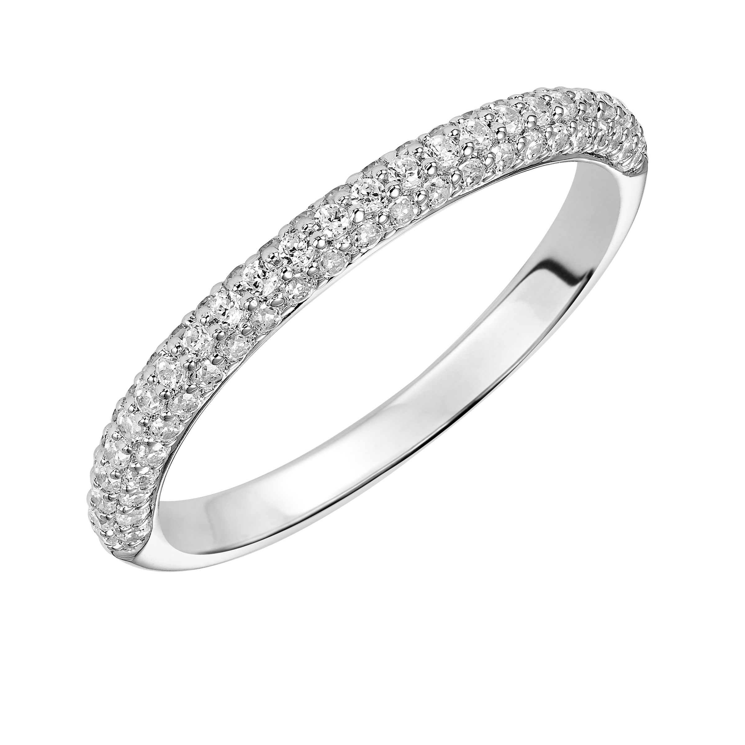 Wedding band with multi-row, pave set, round diamonds.