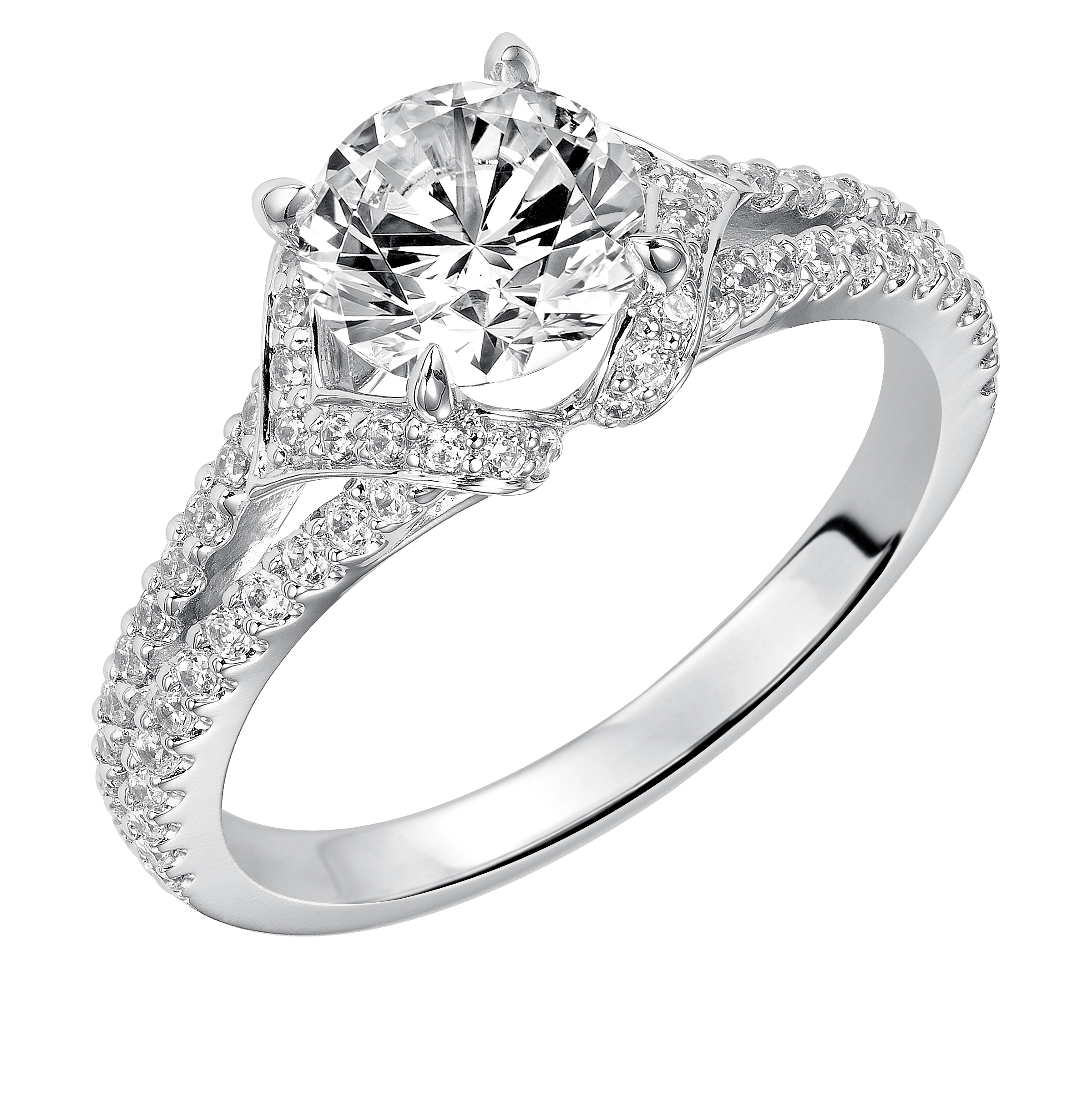Featuring a delicate diamond prong set split band and unique tiara like setting crowning the center diamond, this engagement ring is truly eye-catching
