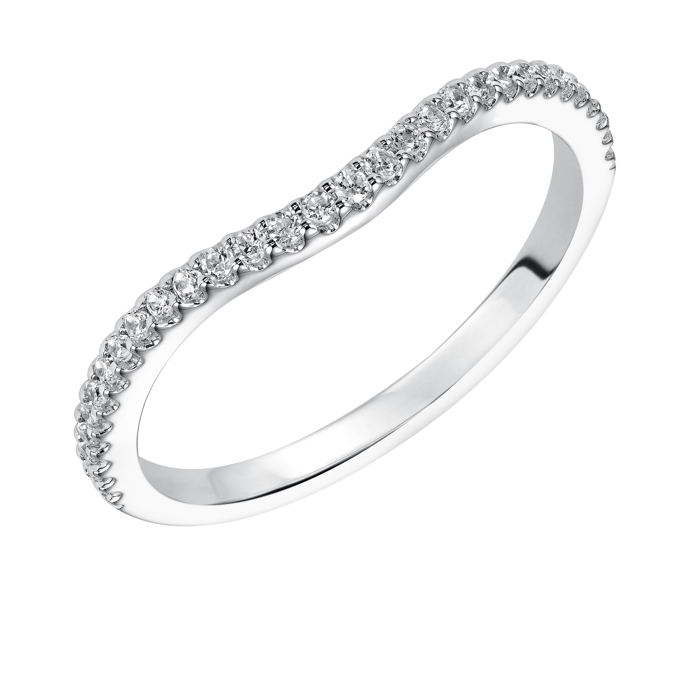 Wedding band with shared prong set, round diamonds and curved design to fit flush with matching engagement ring.